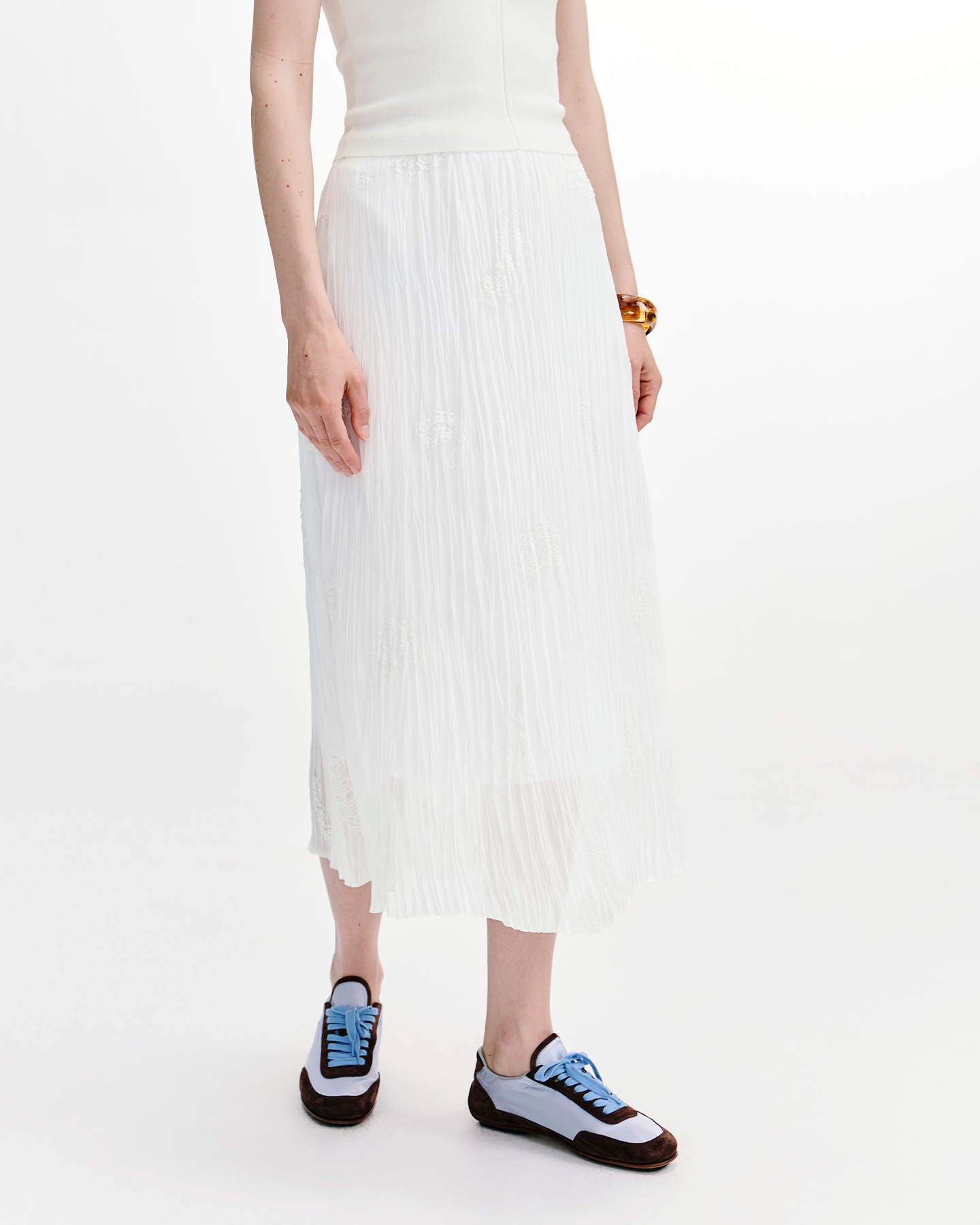 Embroidered Pleated A-Line Skirt – Elastic Waist
