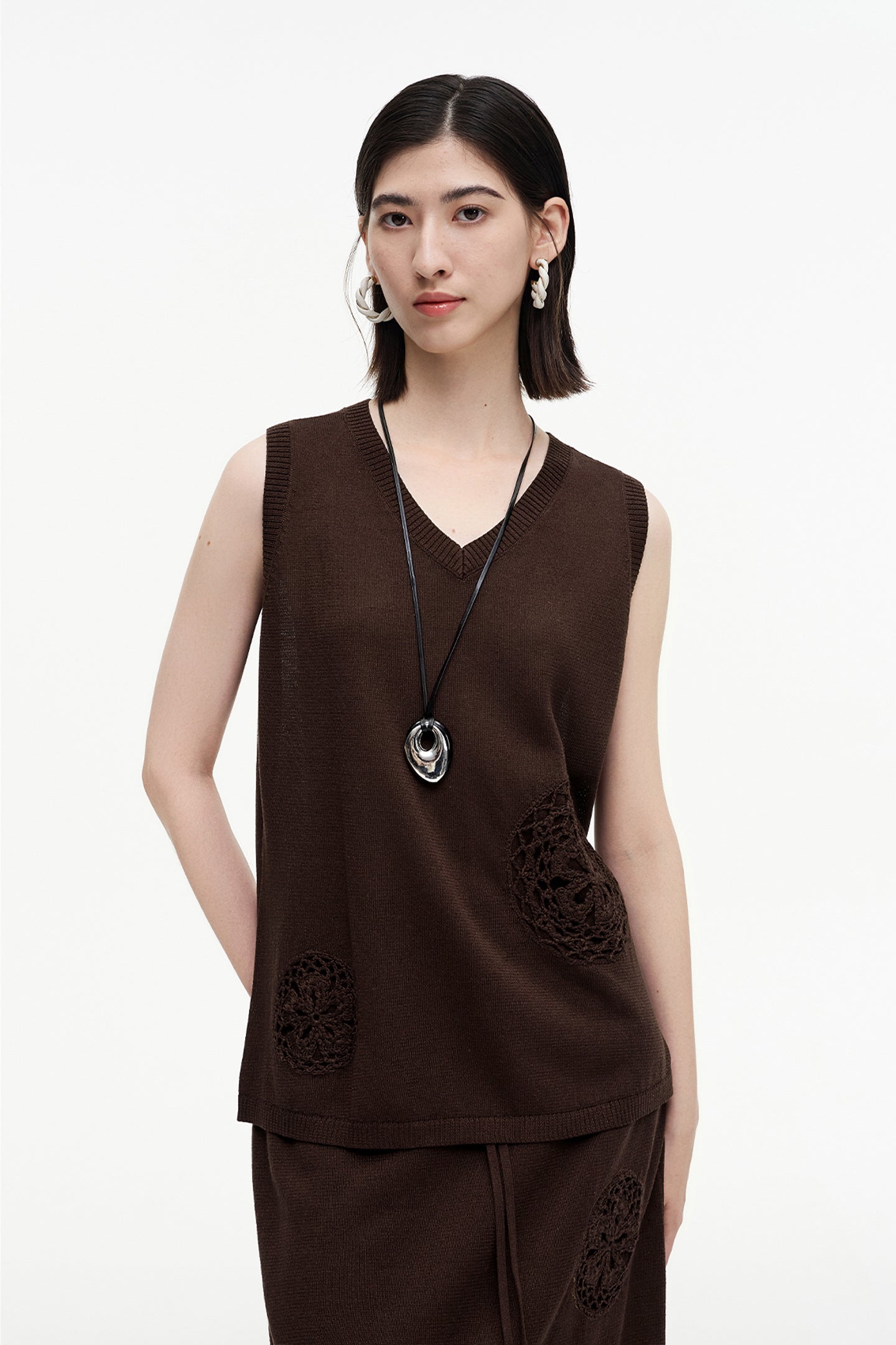 SELFWHO Meconopsis series linen hollow vest + straight skirt set