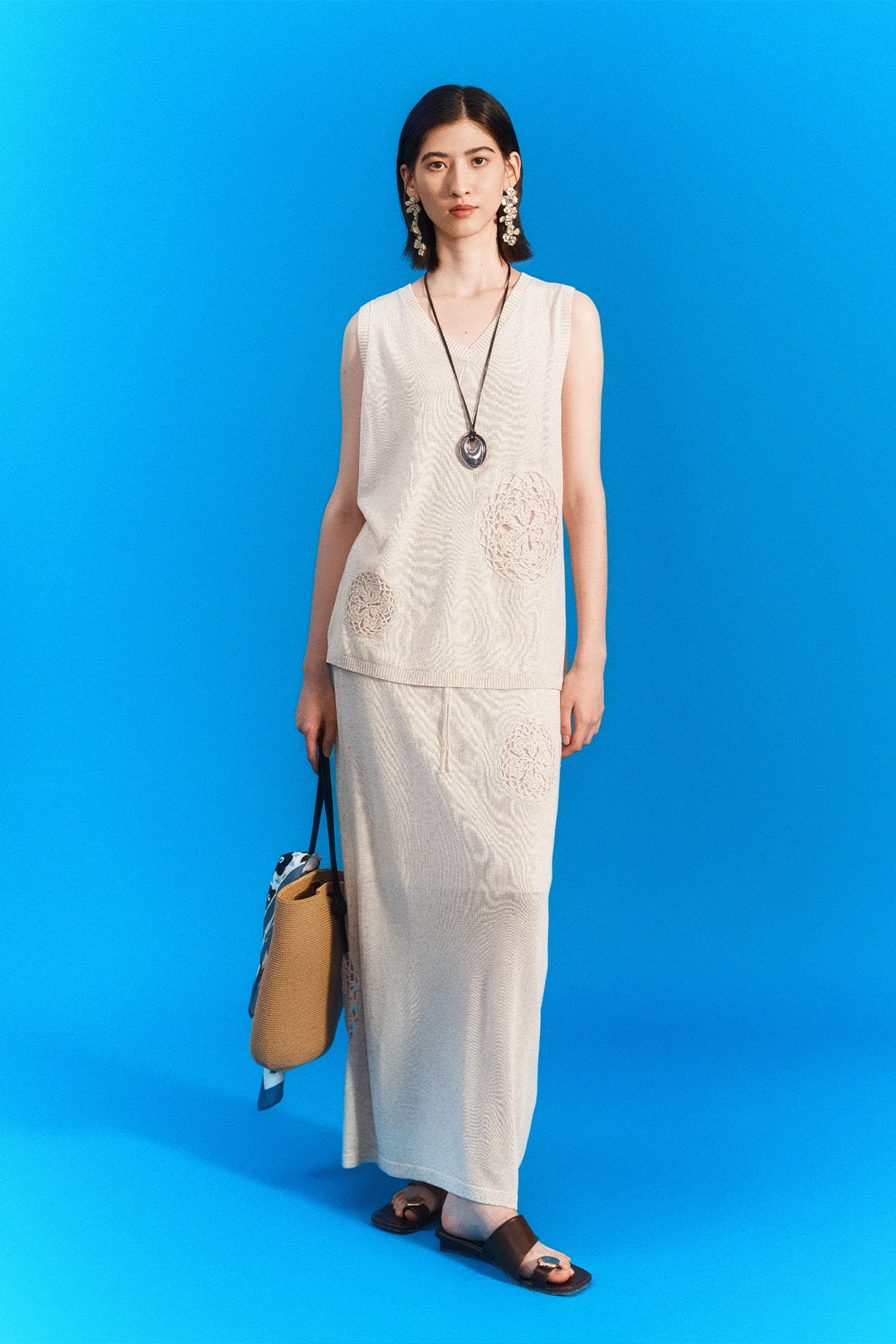 SELFWHO Meconopsis series linen hollow vest + straight skirt set