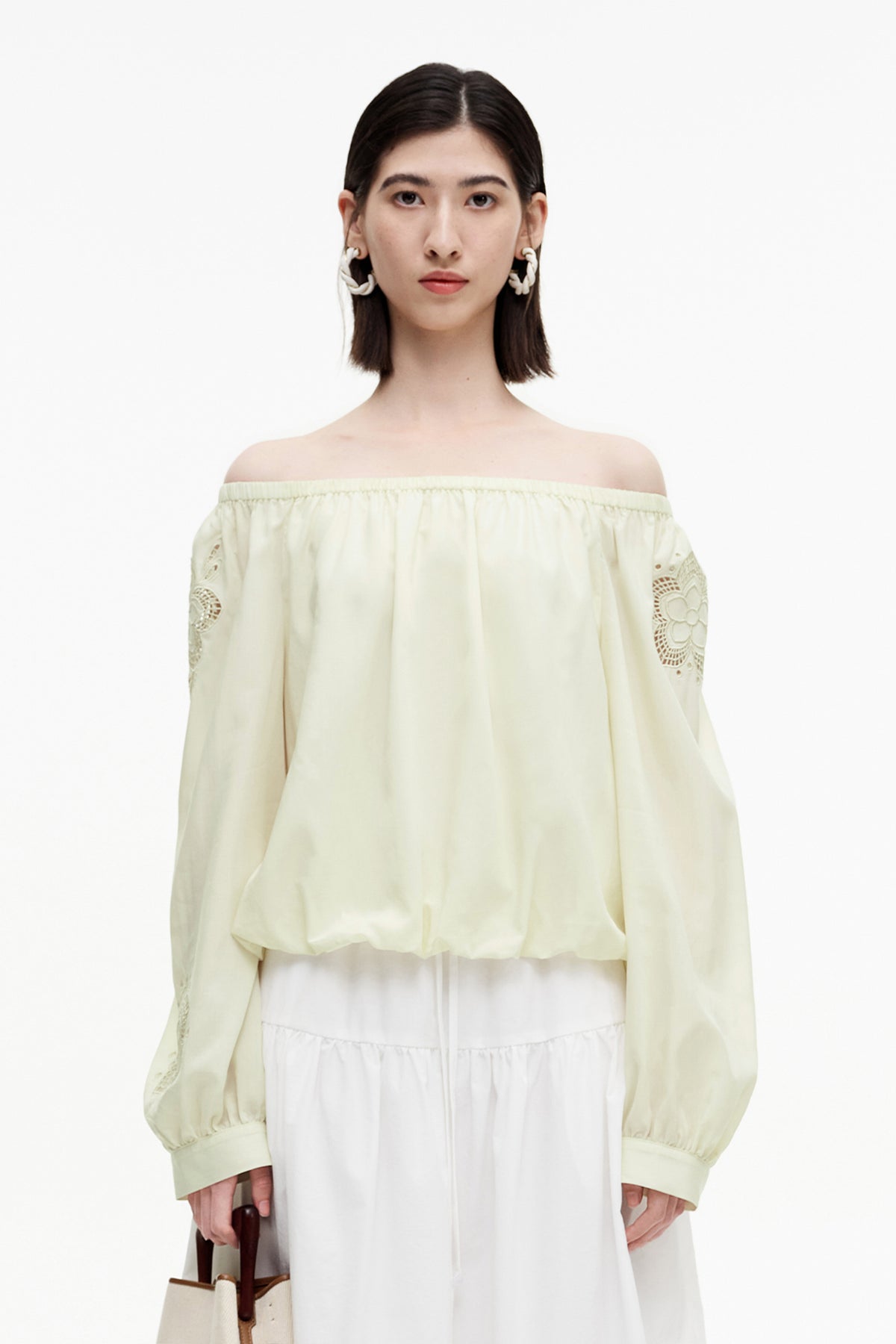 Lyocell hollow embroidery one-shoulder collar shirt