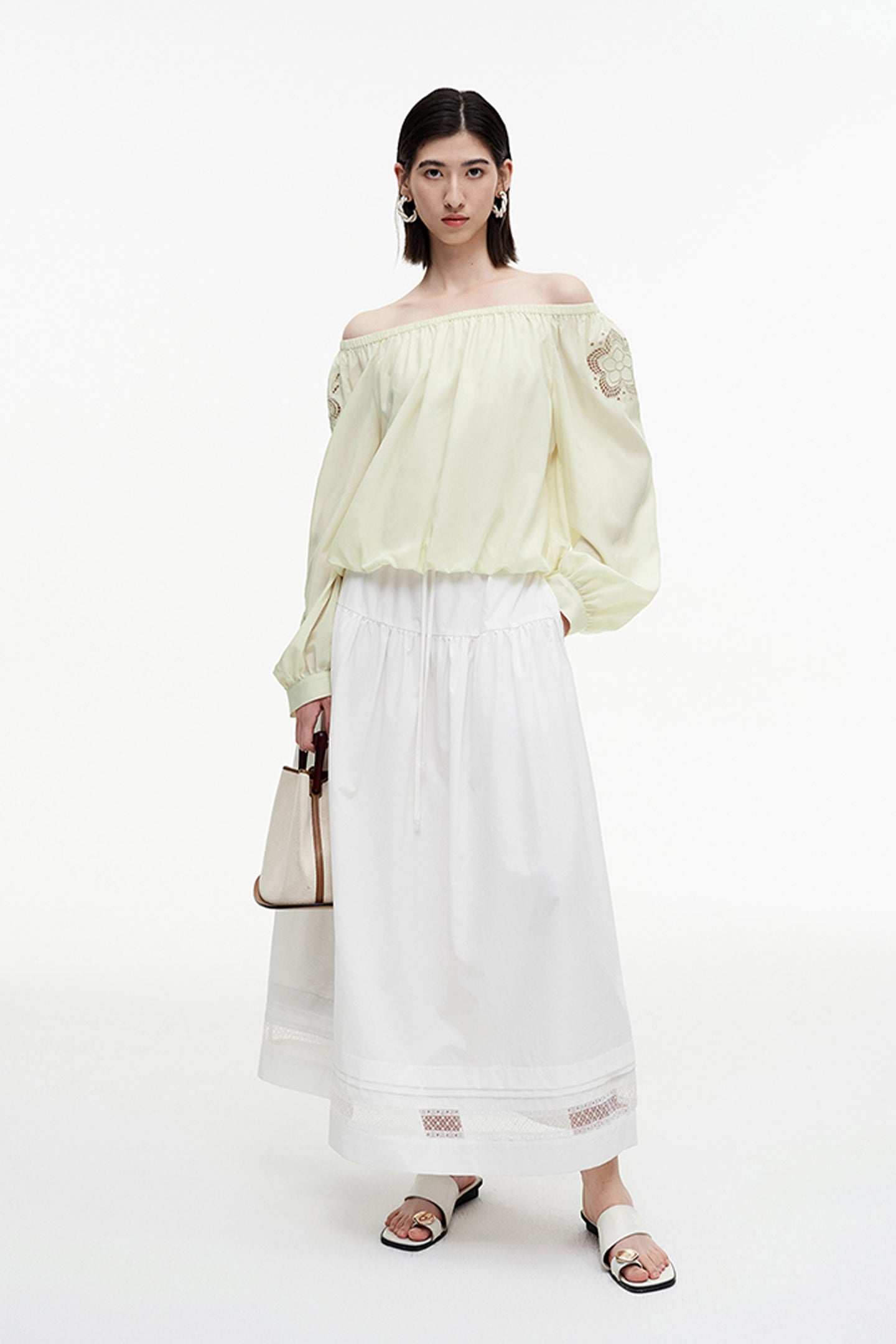 SELFWHO Meconopsis series Lyocell hollow embroidery one-shoulder collar shirt