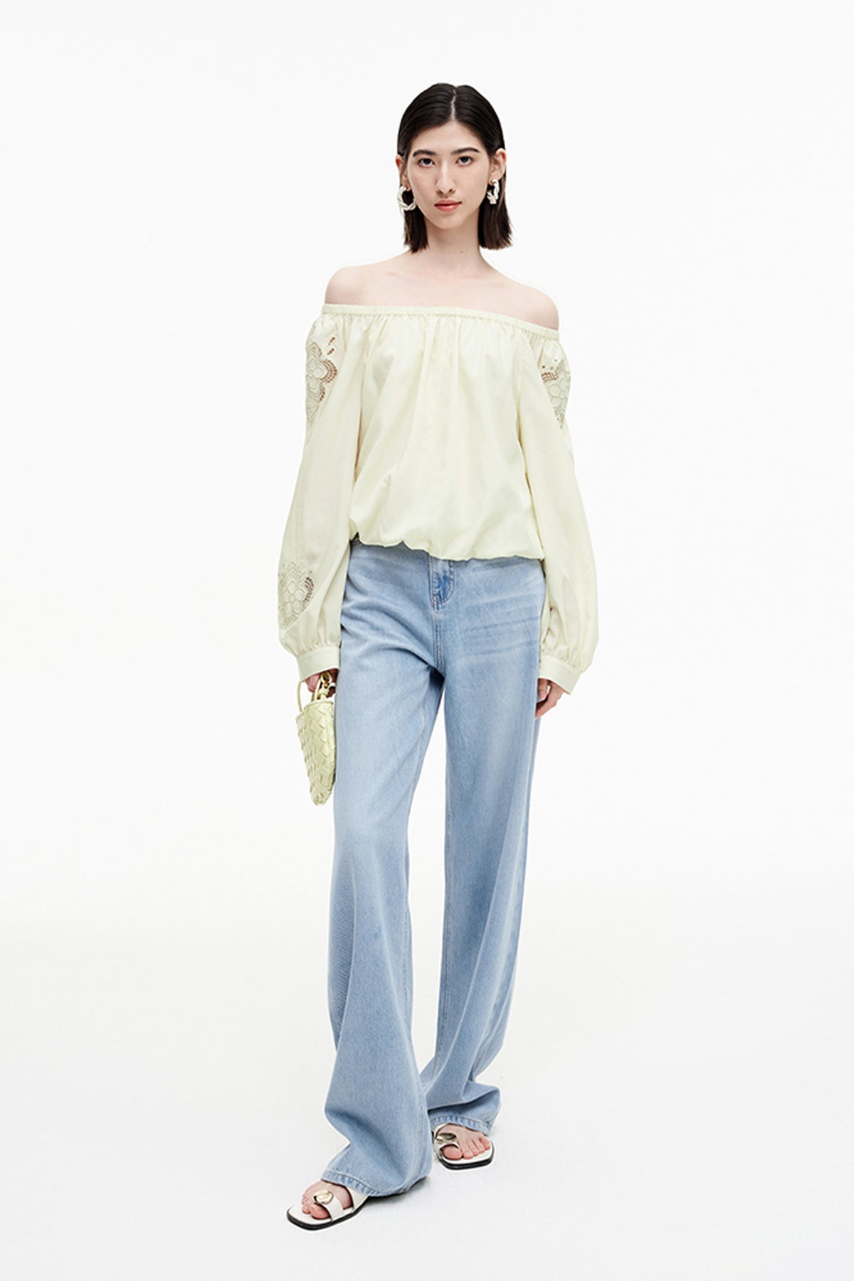 Lyocell hollow embroidery one-shoulder collar shirt