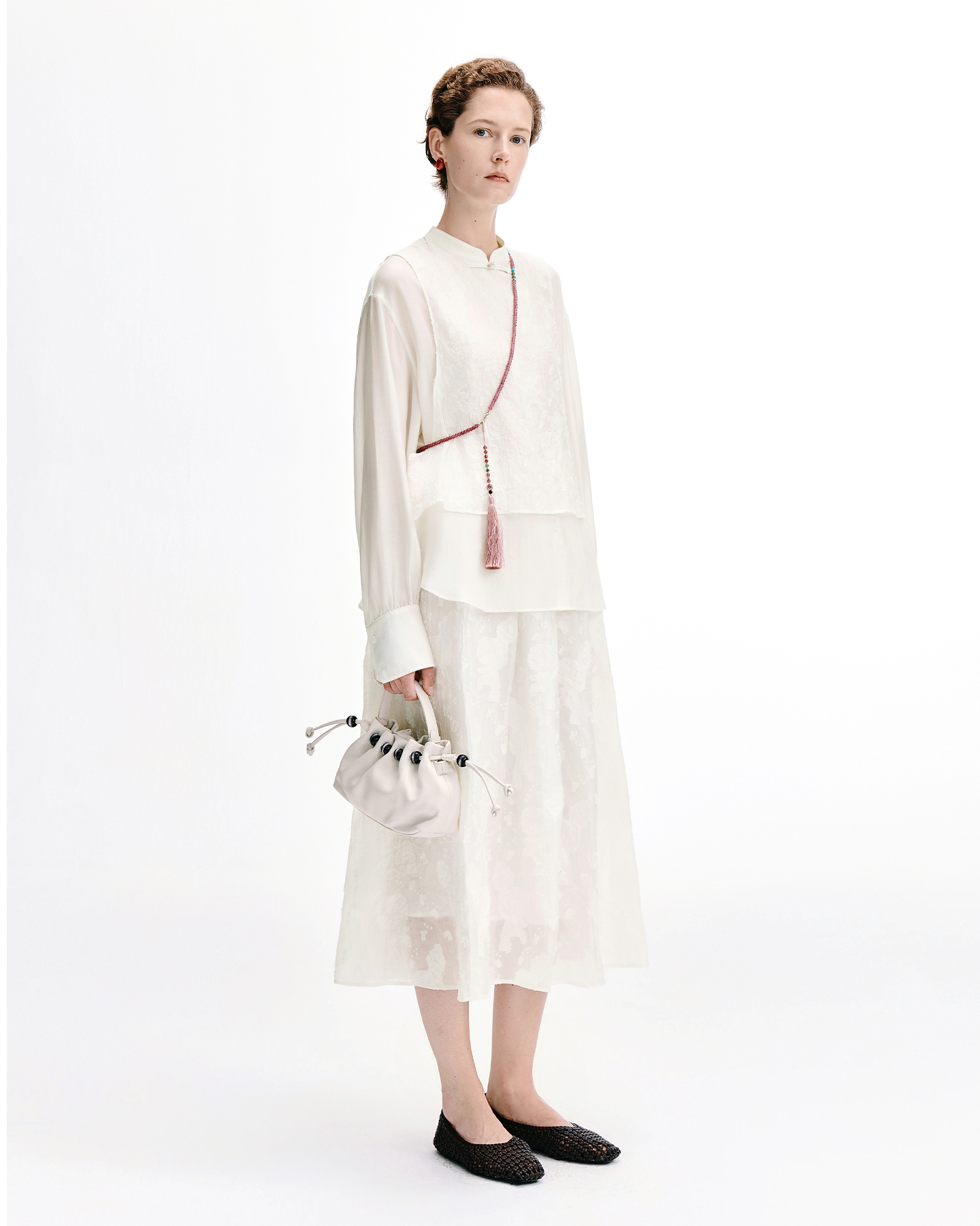 Rose Jacquard Mandarin Collar Three-Piece Set – Top, Shorts & Maxi Skirt