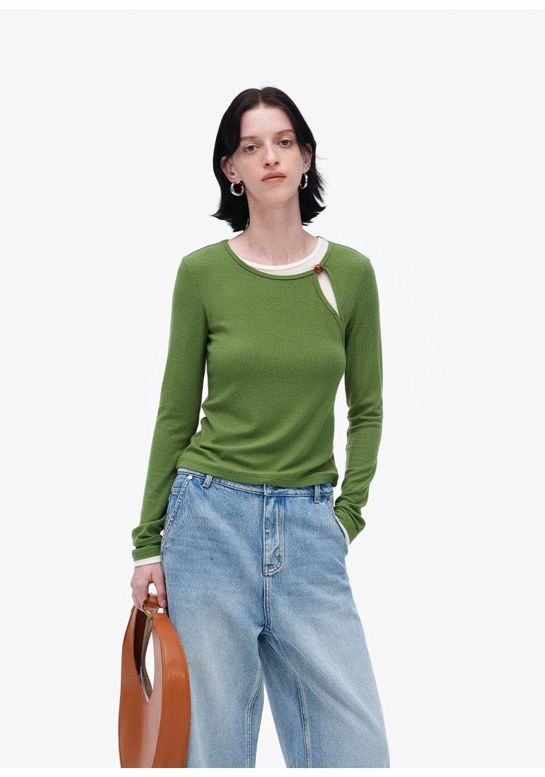 Elastic Loose Versatile Long-Sleeved Fake Two-Piece Bottoming Shirt Top