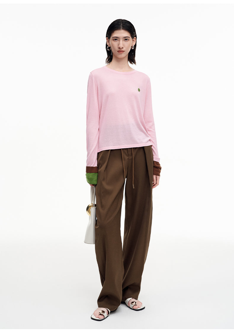 Tencel wool blended contrast color long-sleeved T-shirt