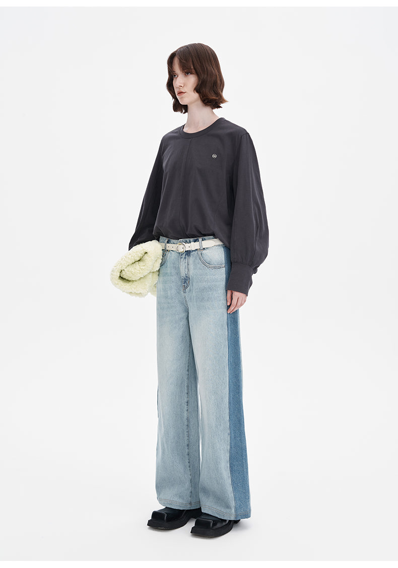Lazy casual loose bottoming top pure cotton simple solid color long-sleeved T-shirt