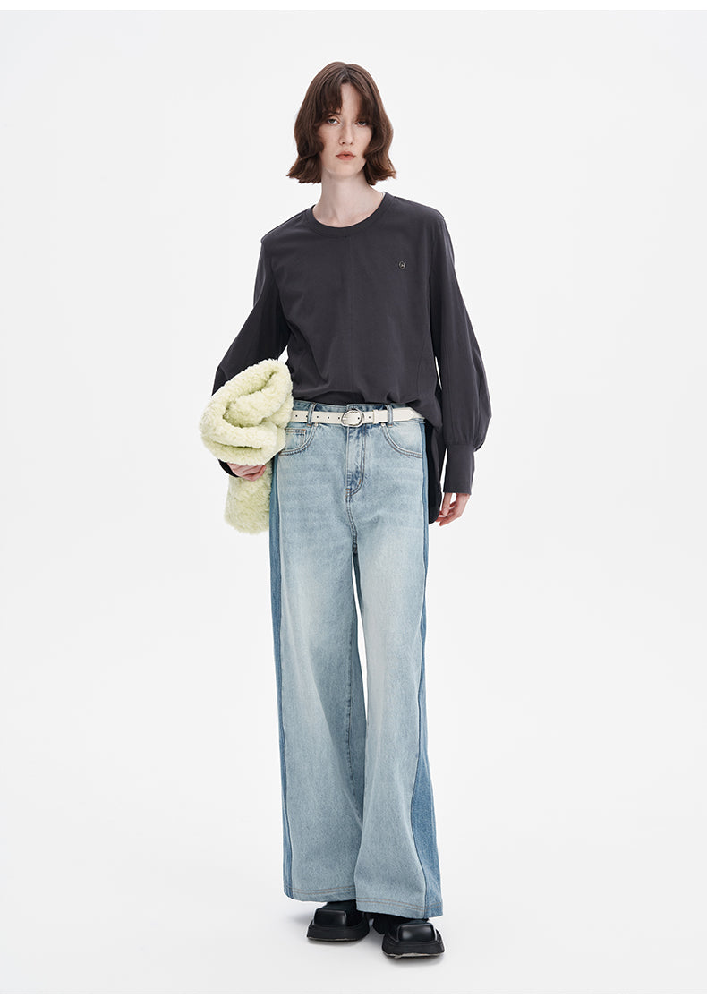 Lazy casual loose bottoming top pure cotton simple solid color long-sleeved T-shirt