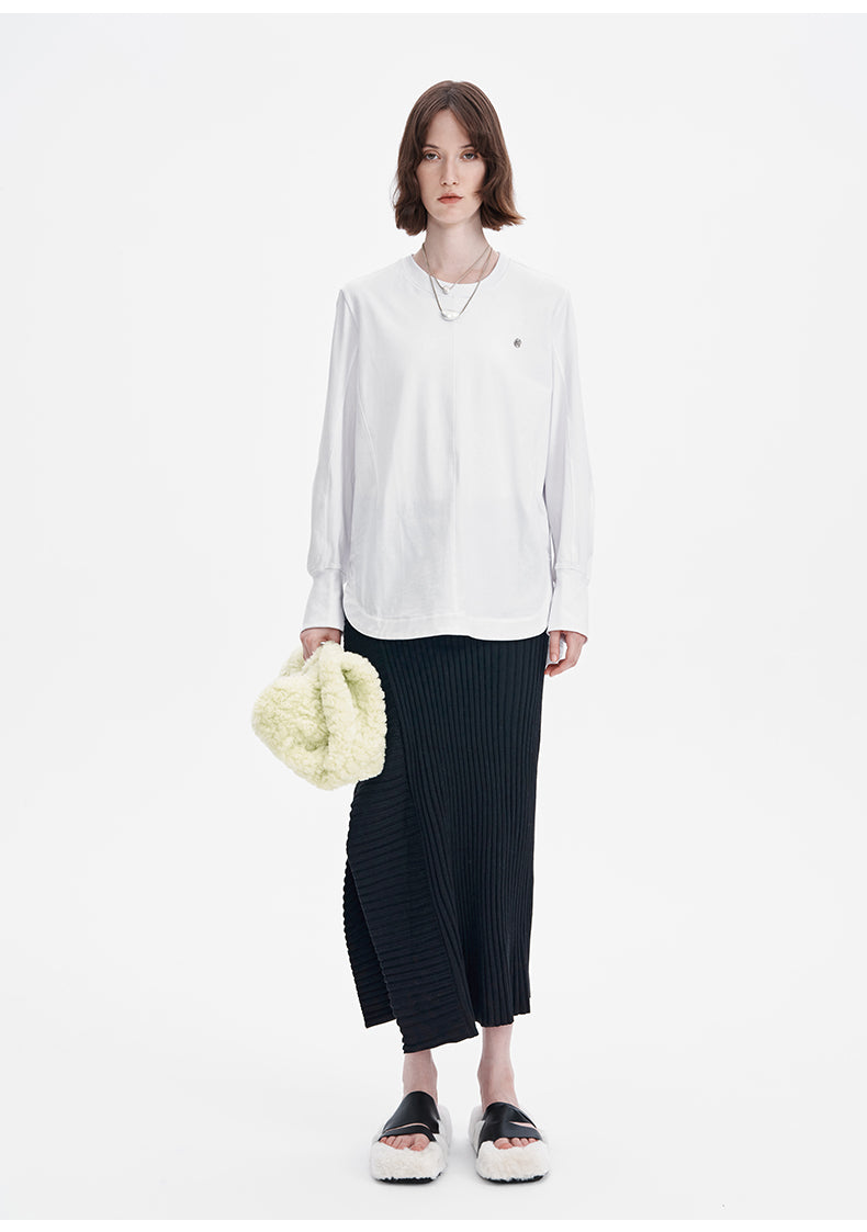 Lazy casual loose bottoming top pure cotton simple solid color long-sleeved T-shirt