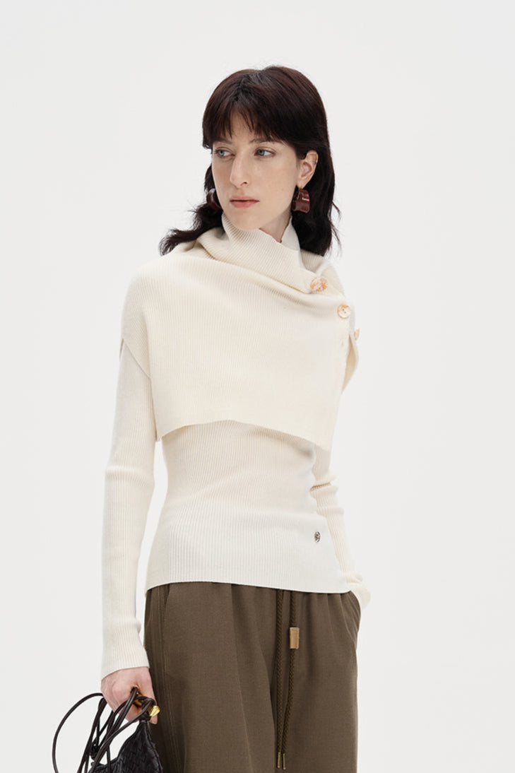 Sheep Wool Blend Knitted Long Sleeve Slim Fit Cape Top