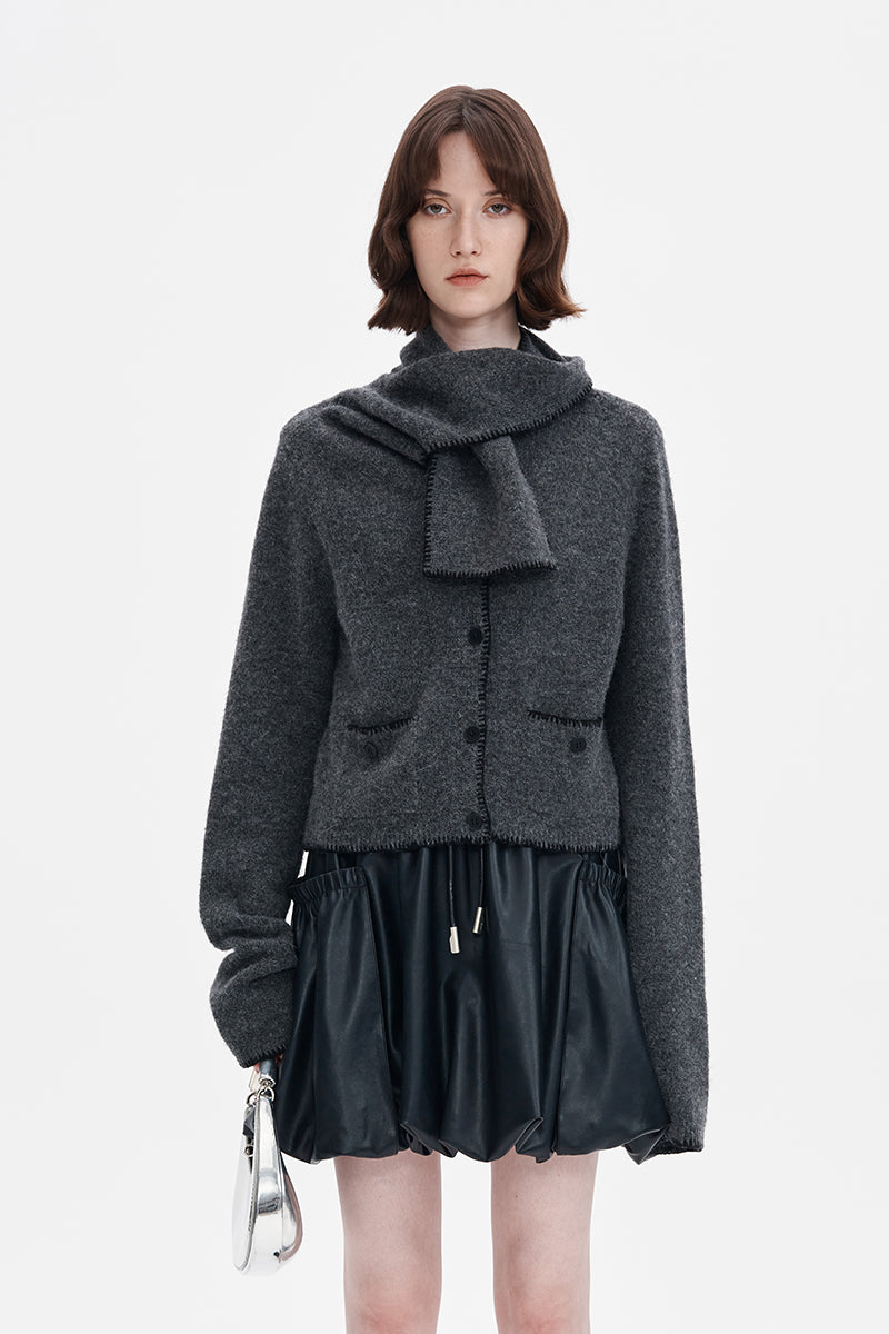 Wool Alpaca Blended Classic Scarf Collar Knit Sweater Women's Lightweight Short Sweater