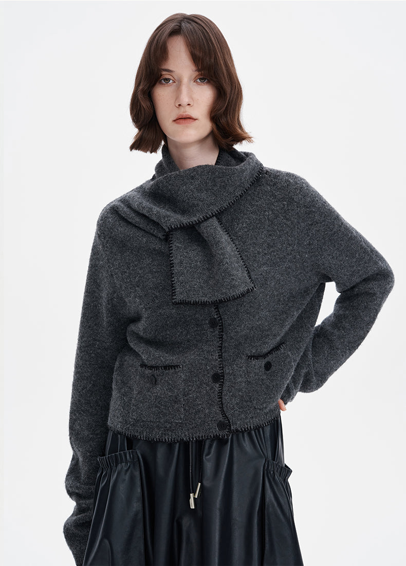 Wool Alpaca Blended Classic Scarf Collar Knit Sweater Women's Lightweight Short Sweater