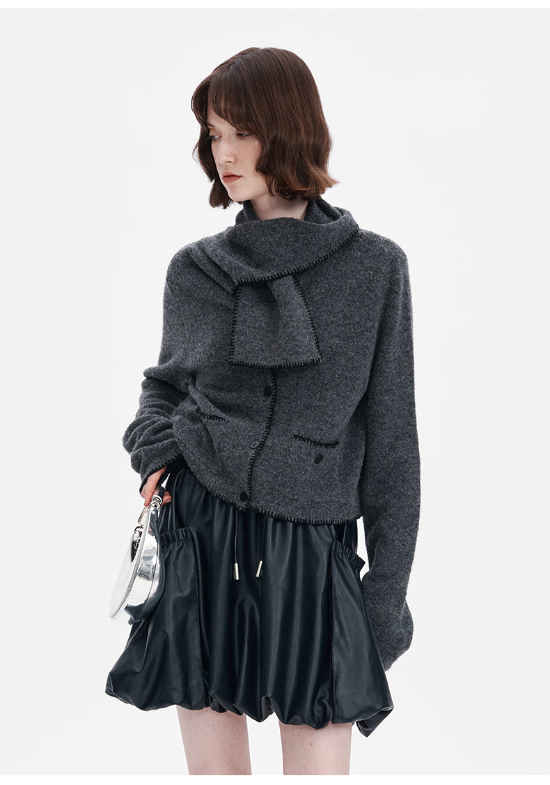 Wool Alpaca Blended Classic Scarf Collar Knit Sweater Women's Lightweight Short Sweater