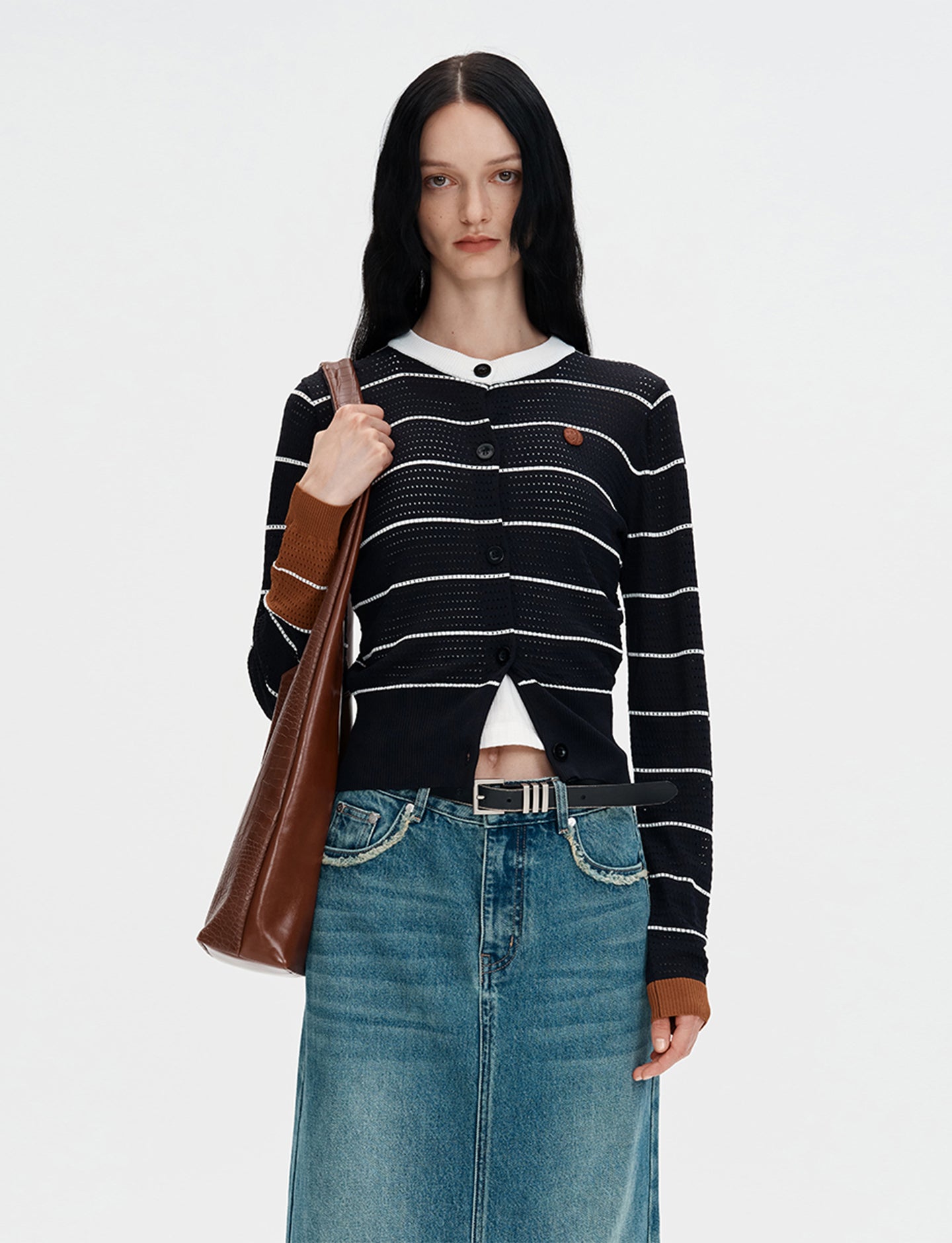 Black Openwork Knit Sweater Long Sleeve T-shirt