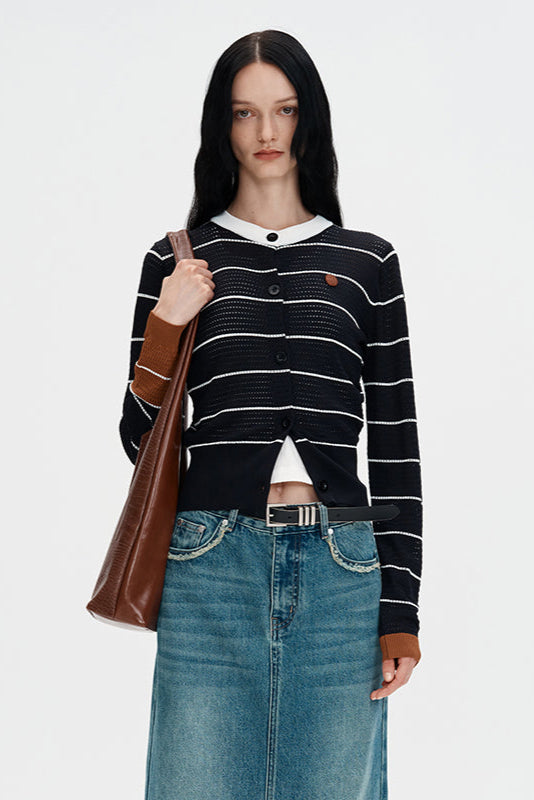 Black Openwork Knit Sweater Long Sleeve T-shirt