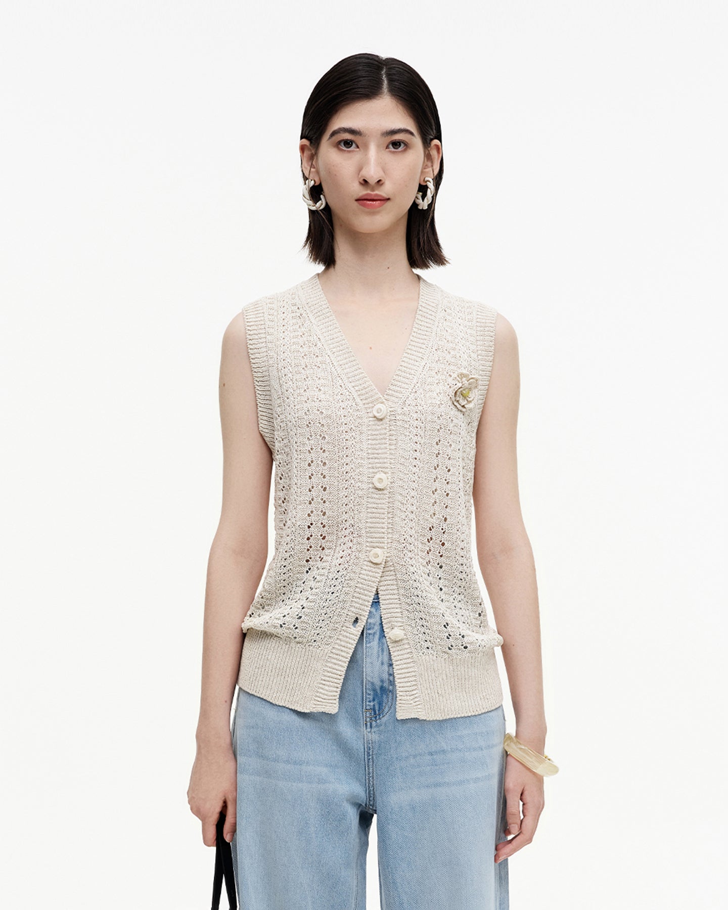 Selfwho Meconopsis series linen knitted hollow vest