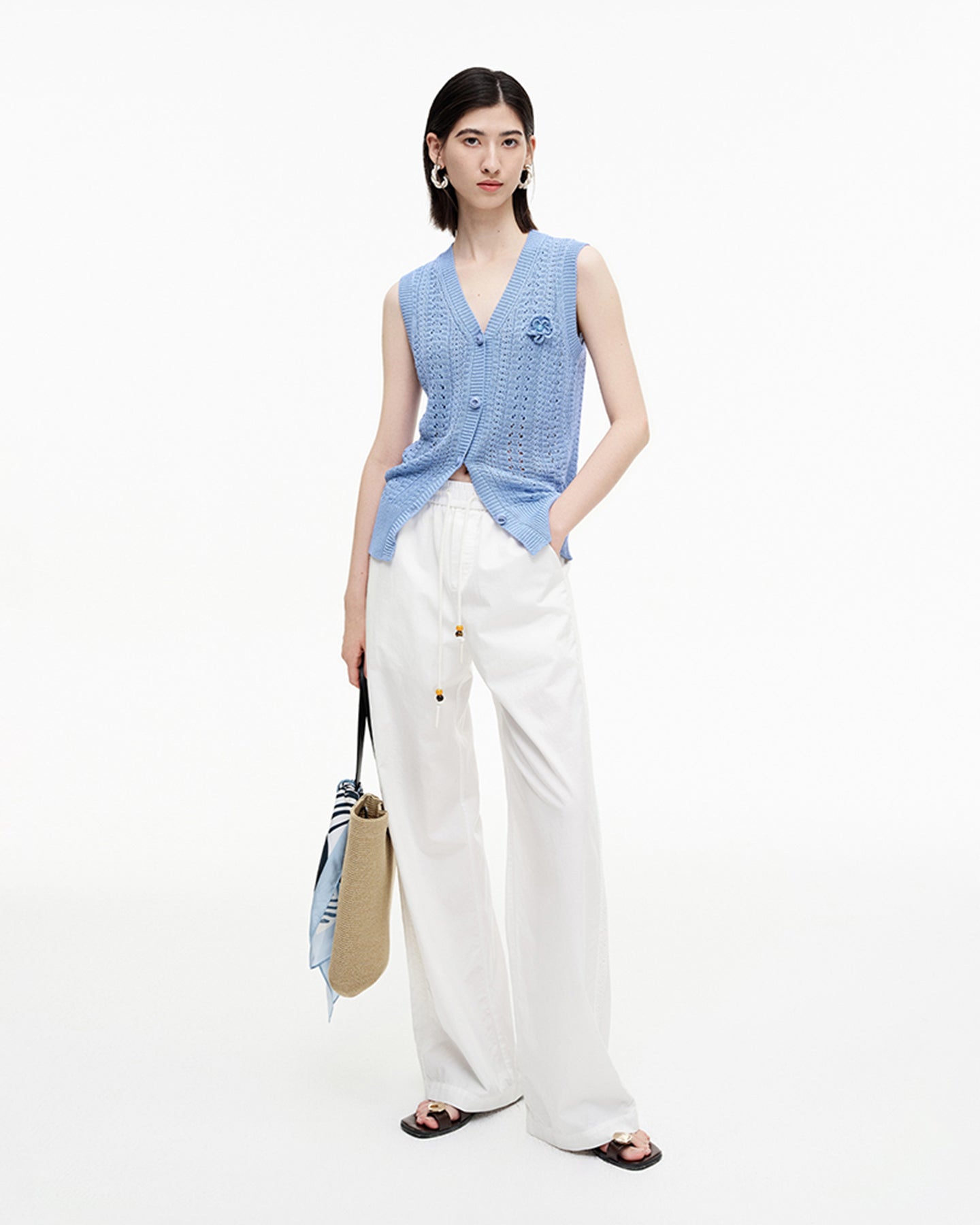 Selfwho Meconopsis series linen knitted hollow vest