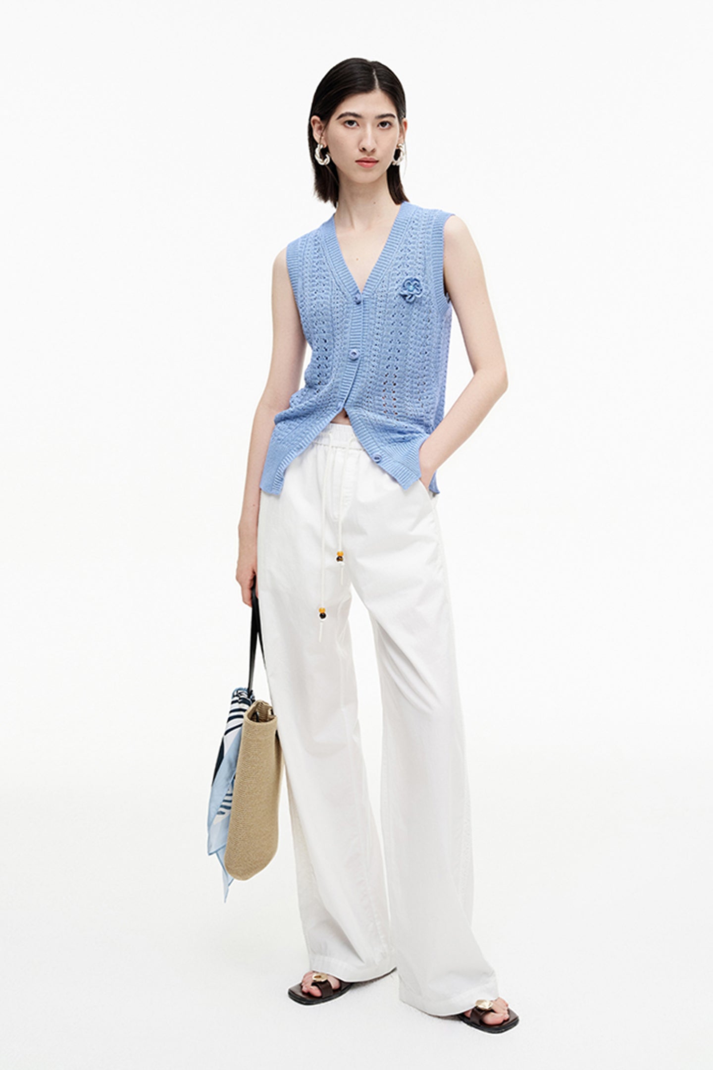 SELFWHO Meconopsis series linen knitted hollow vest