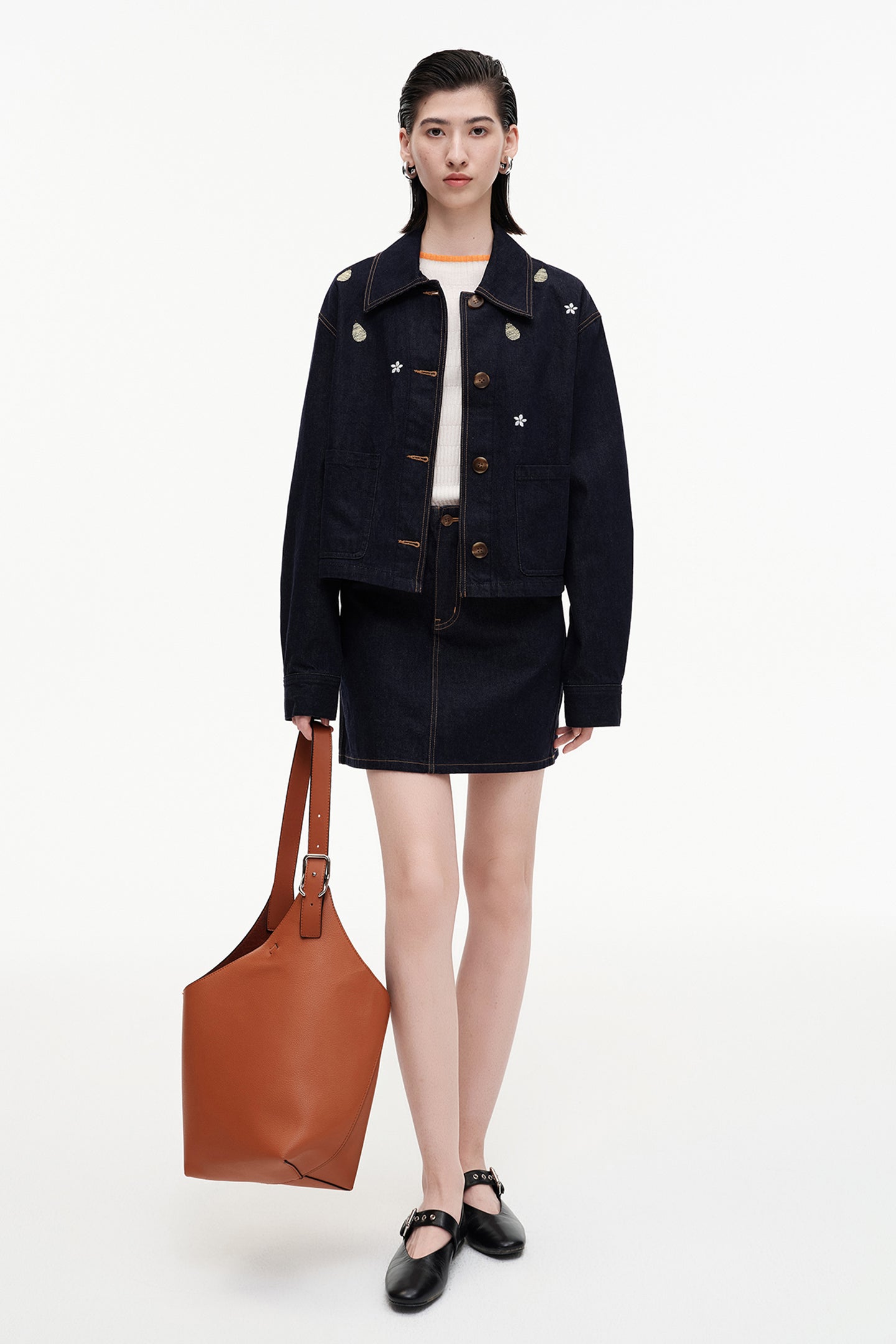 Cotton Blend Benim Jacket With Pear Blossom Embroidery