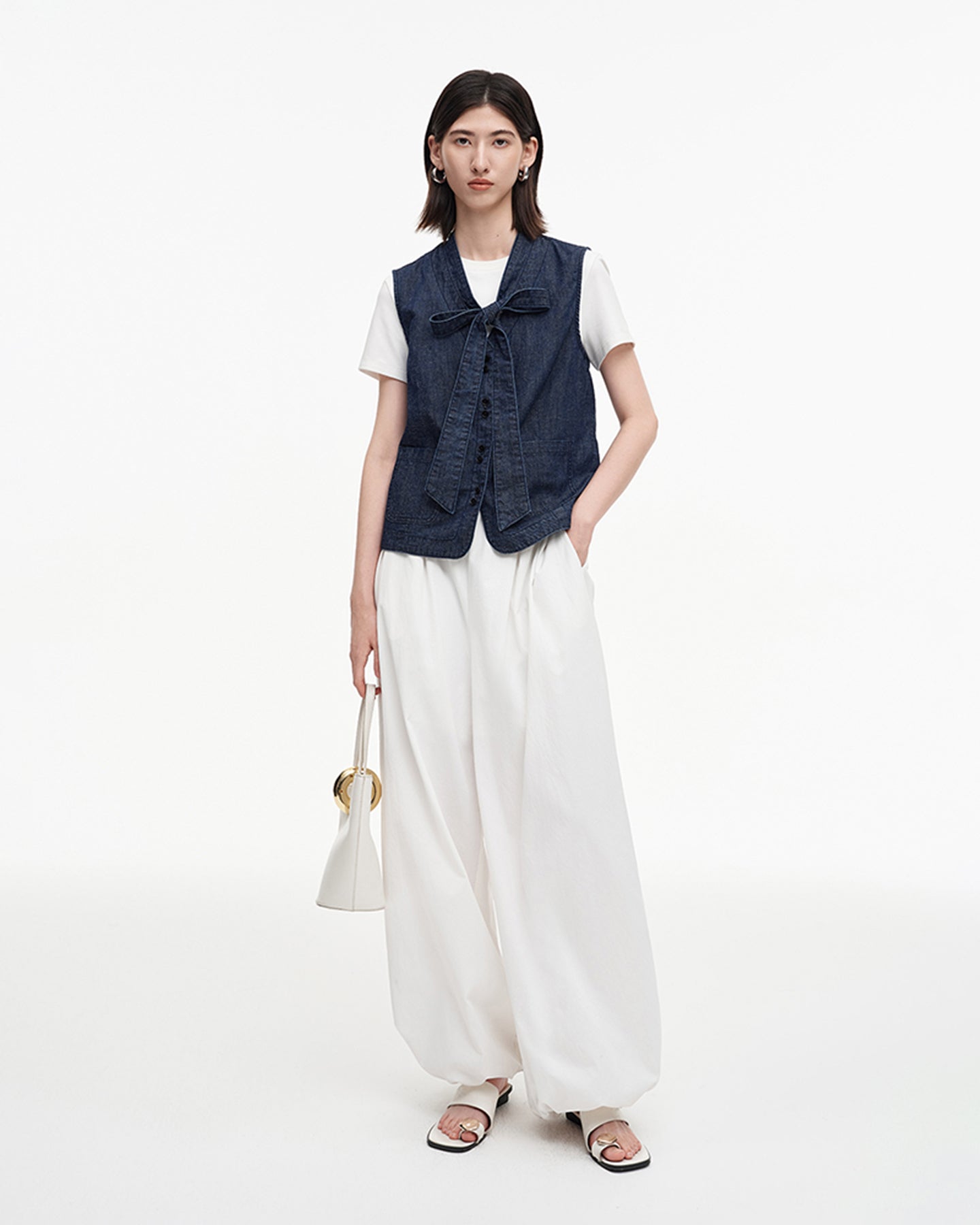 Cotton and linen blend raw cowboy style vest and denim skirt