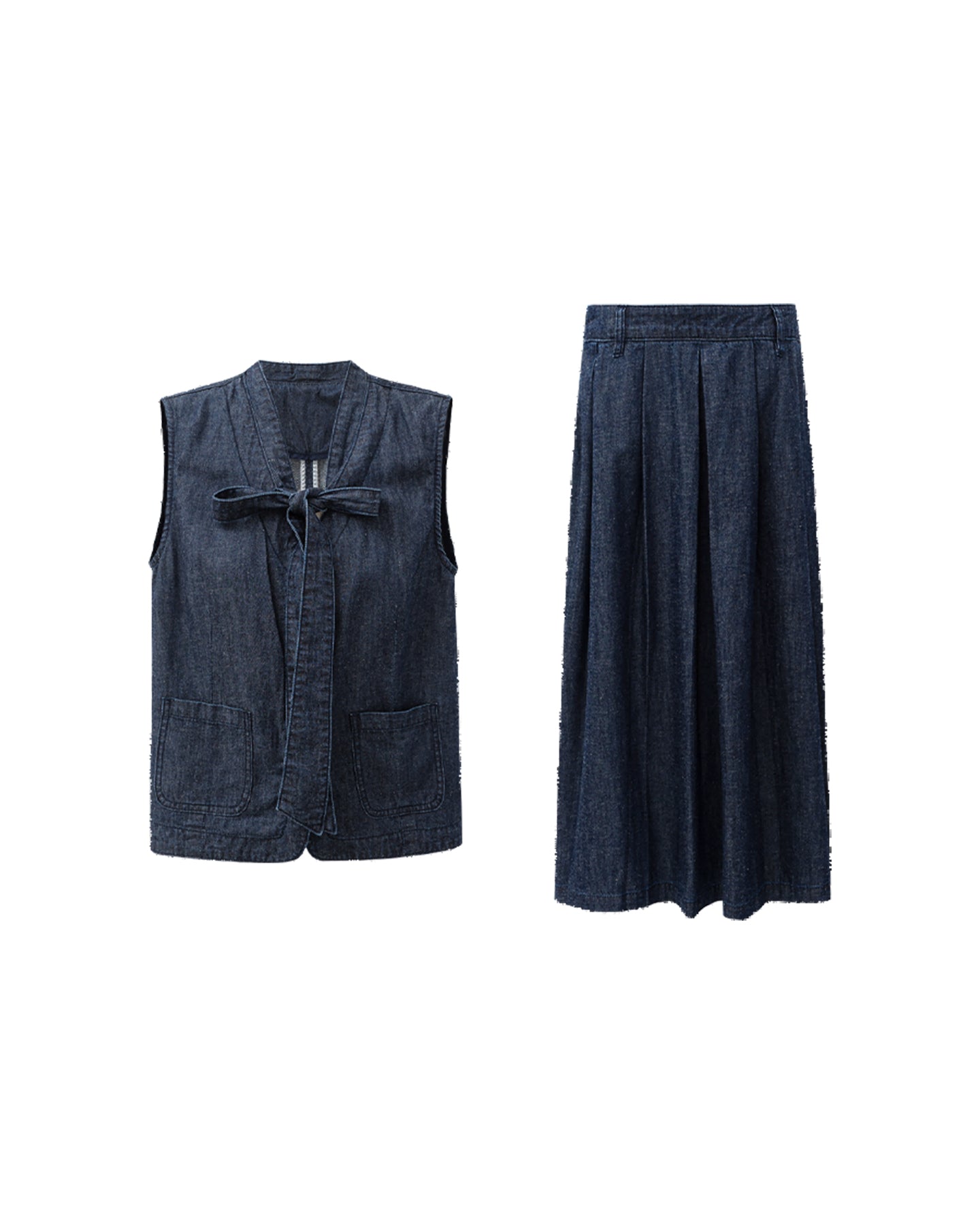 Cotton and linen blend raw cowboy style vest and denim skirt