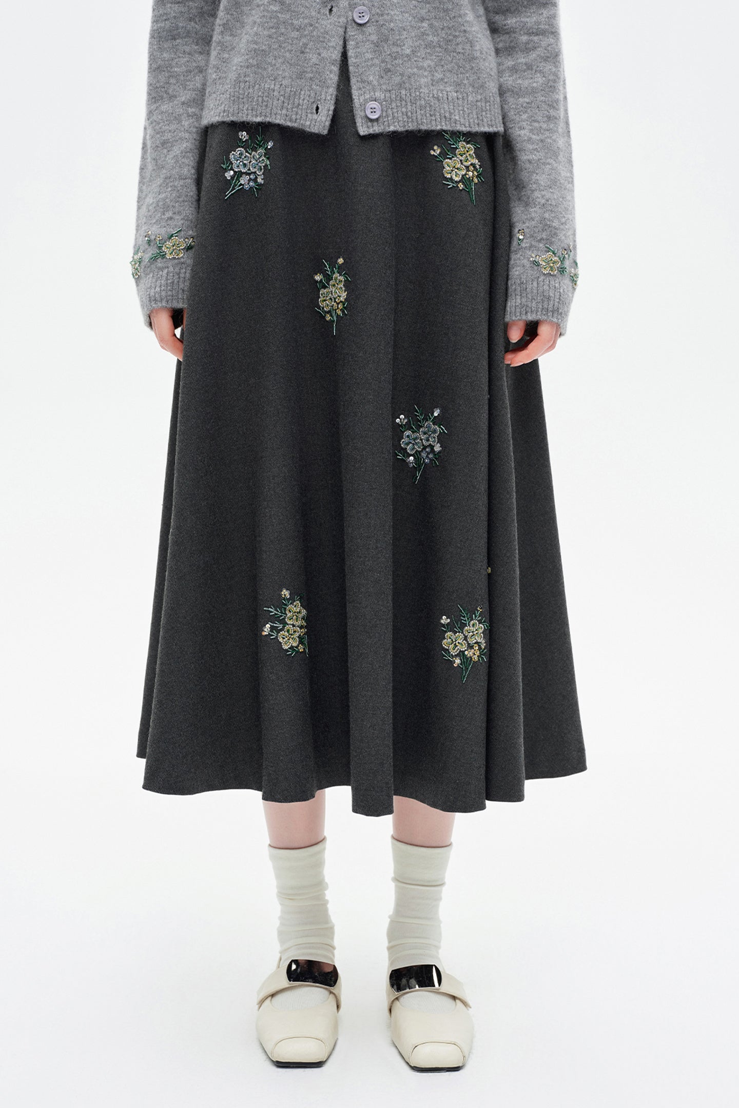 SELFWHO Wool-Blend Embroidered Skirt
