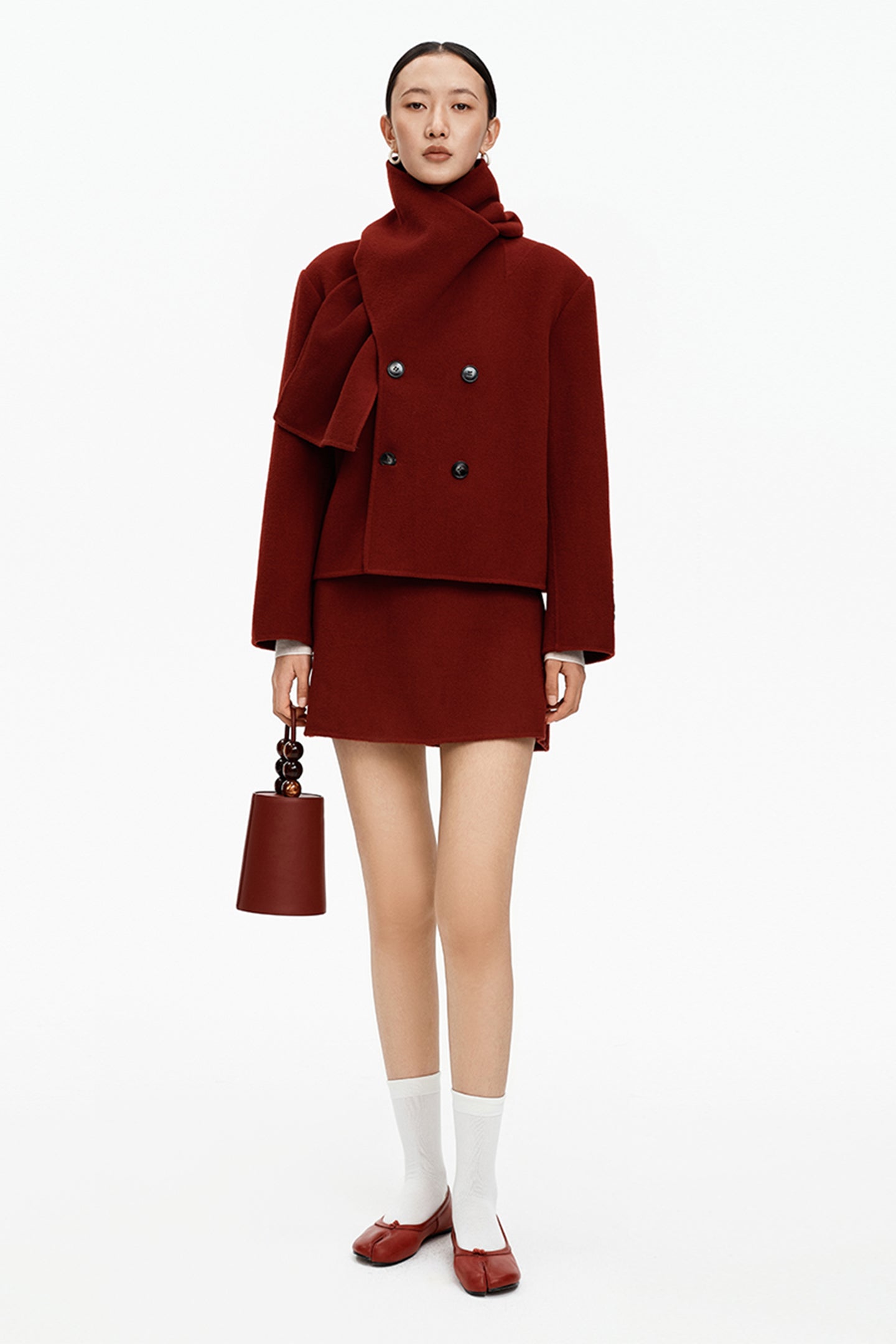 SELFWHO Christmas Red Sheep Wool Scarf Collar Coat