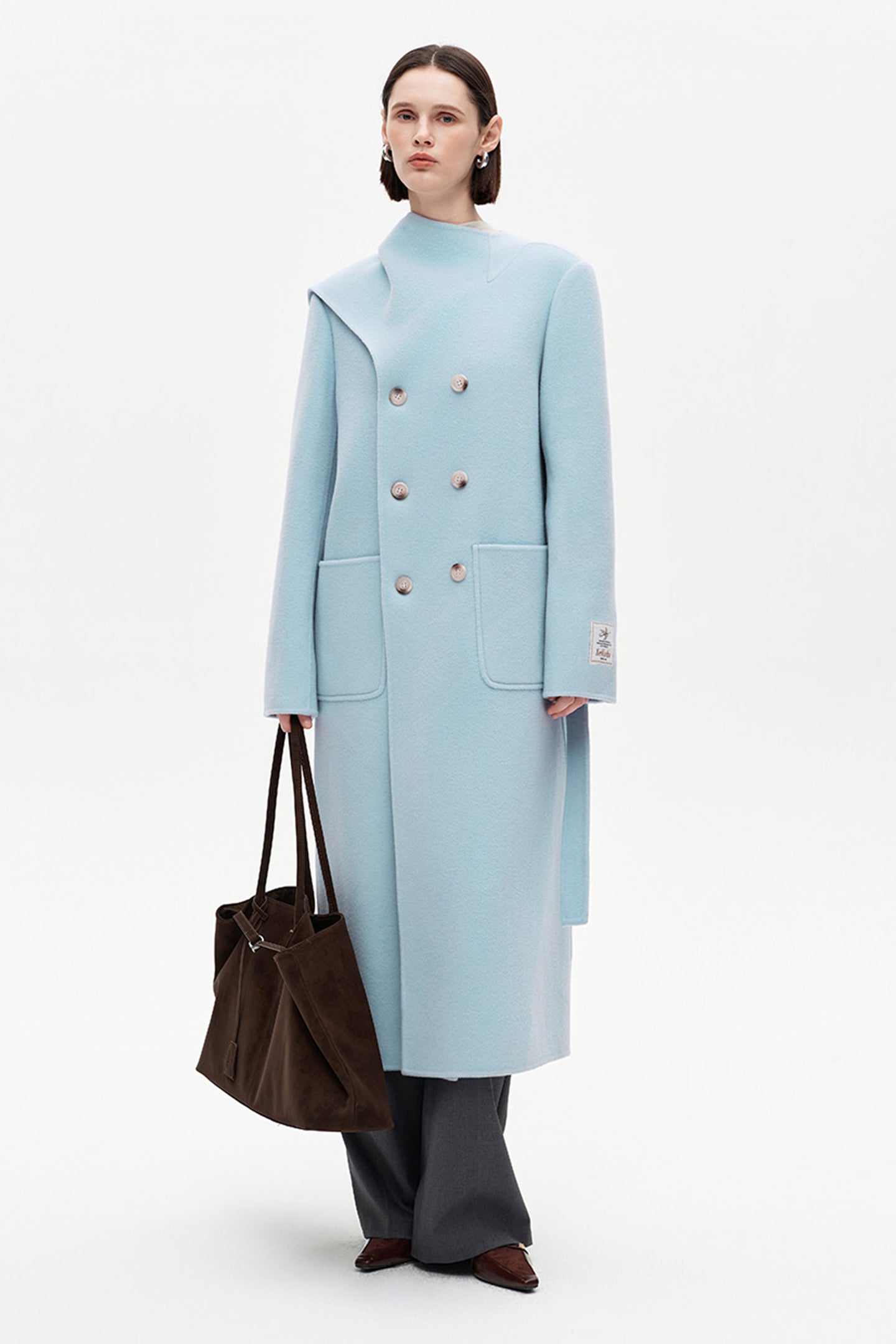 SELFWHO 100% Wool Long Scarf Collar Coat