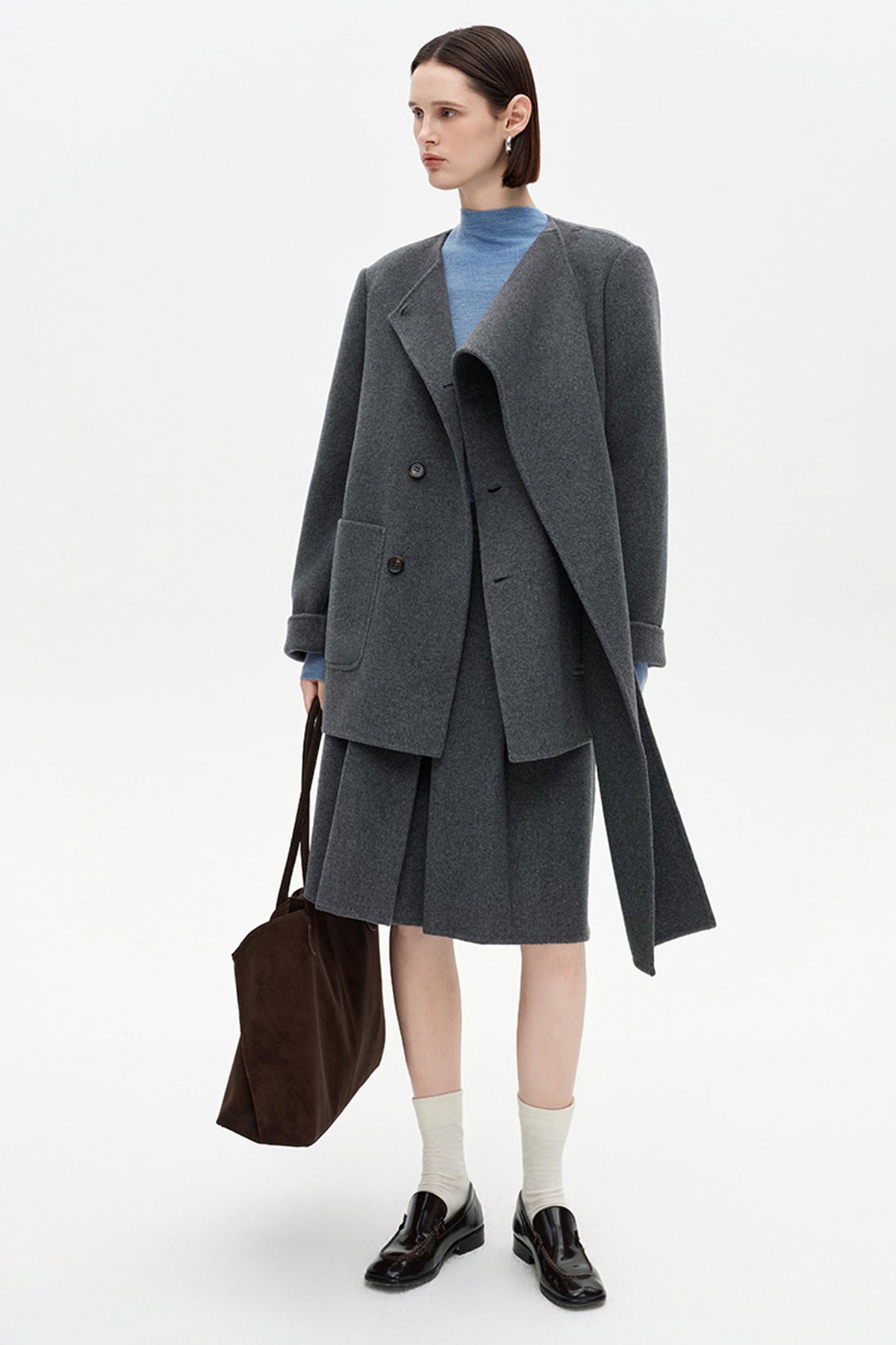 SELFWHO Wool Blend Scarf Collar Double-Faced Coat