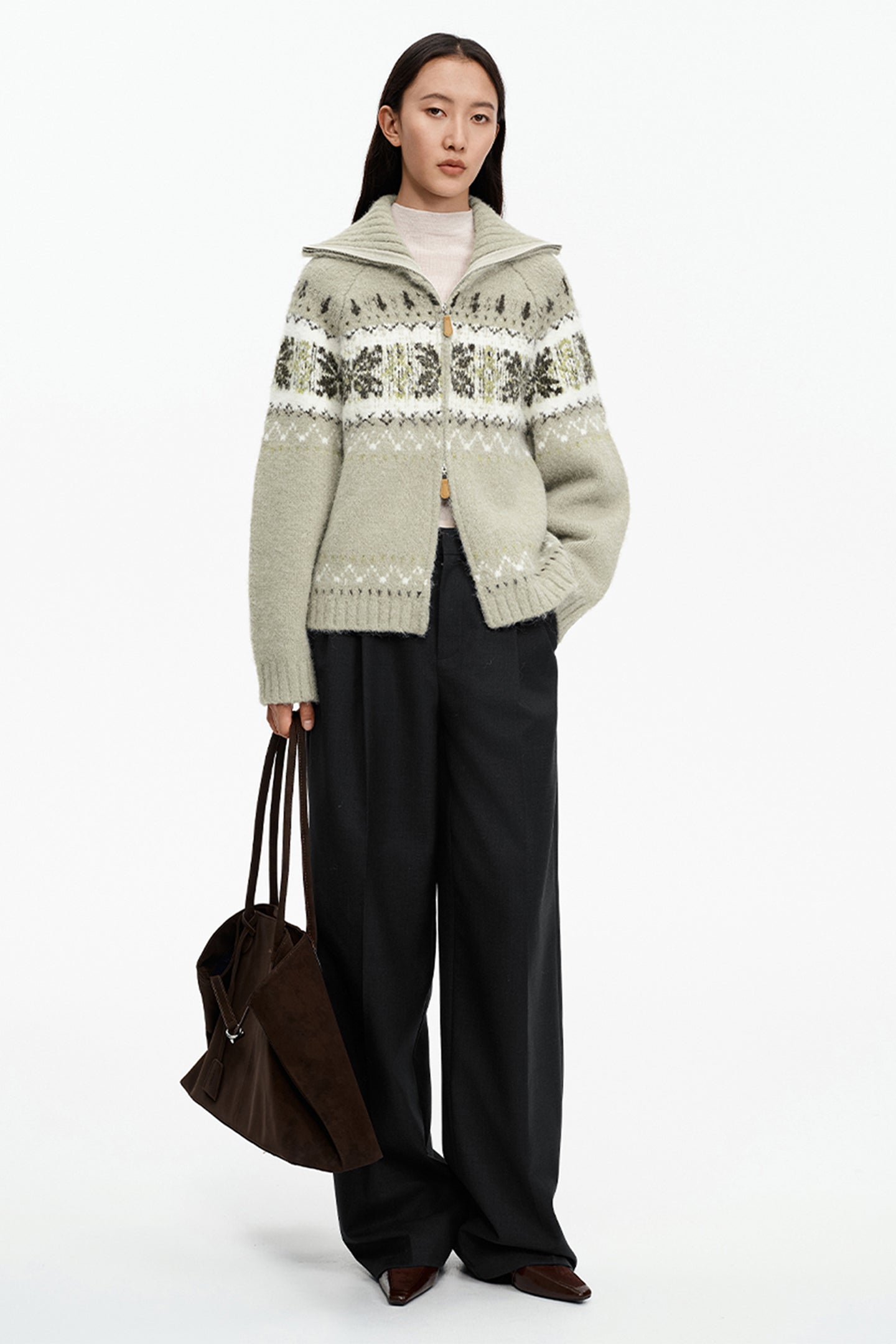 SELFWHO Wool Blend Fair Isle Collar Cardigan