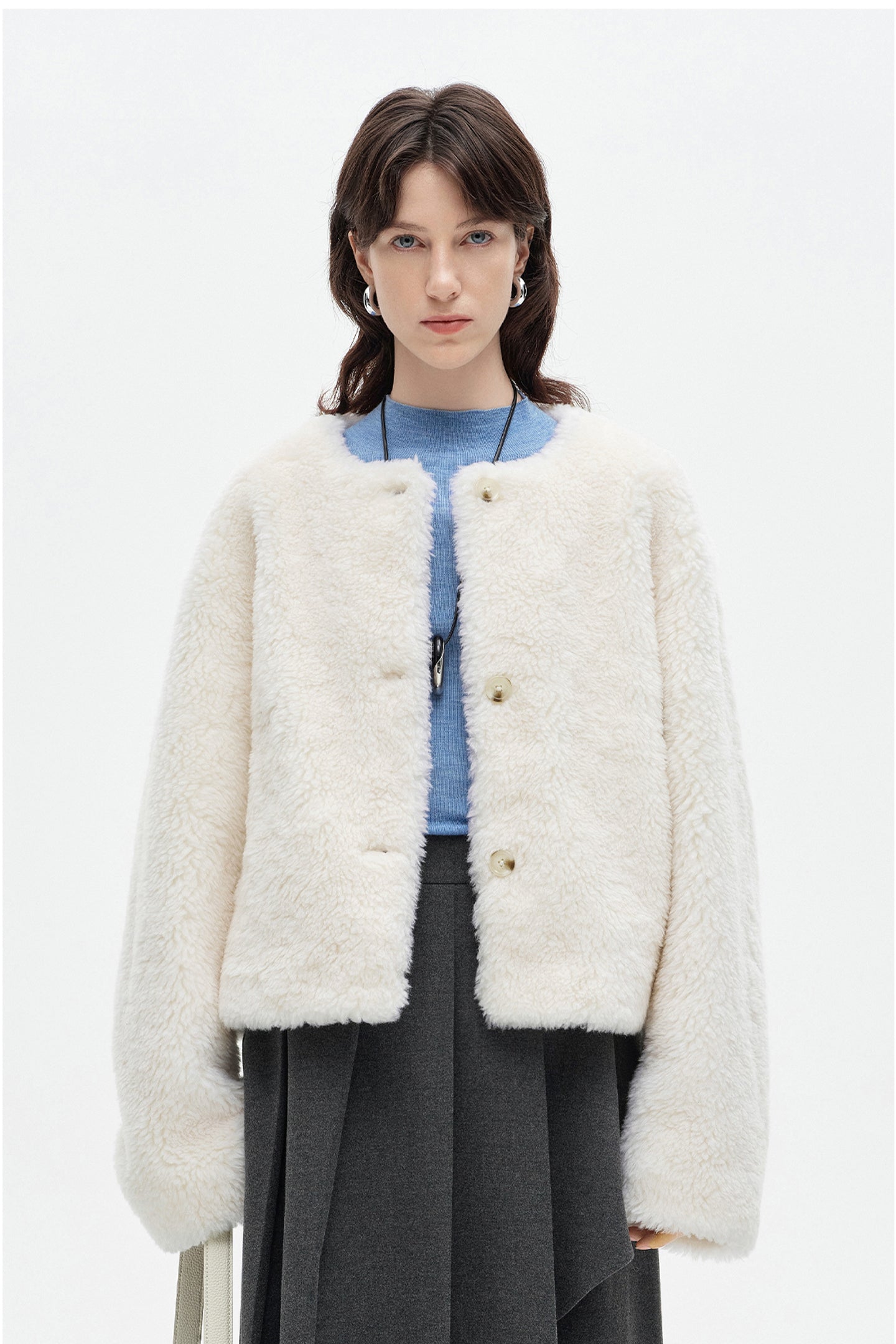 SELFWHO Wool Blend White Fur Coat