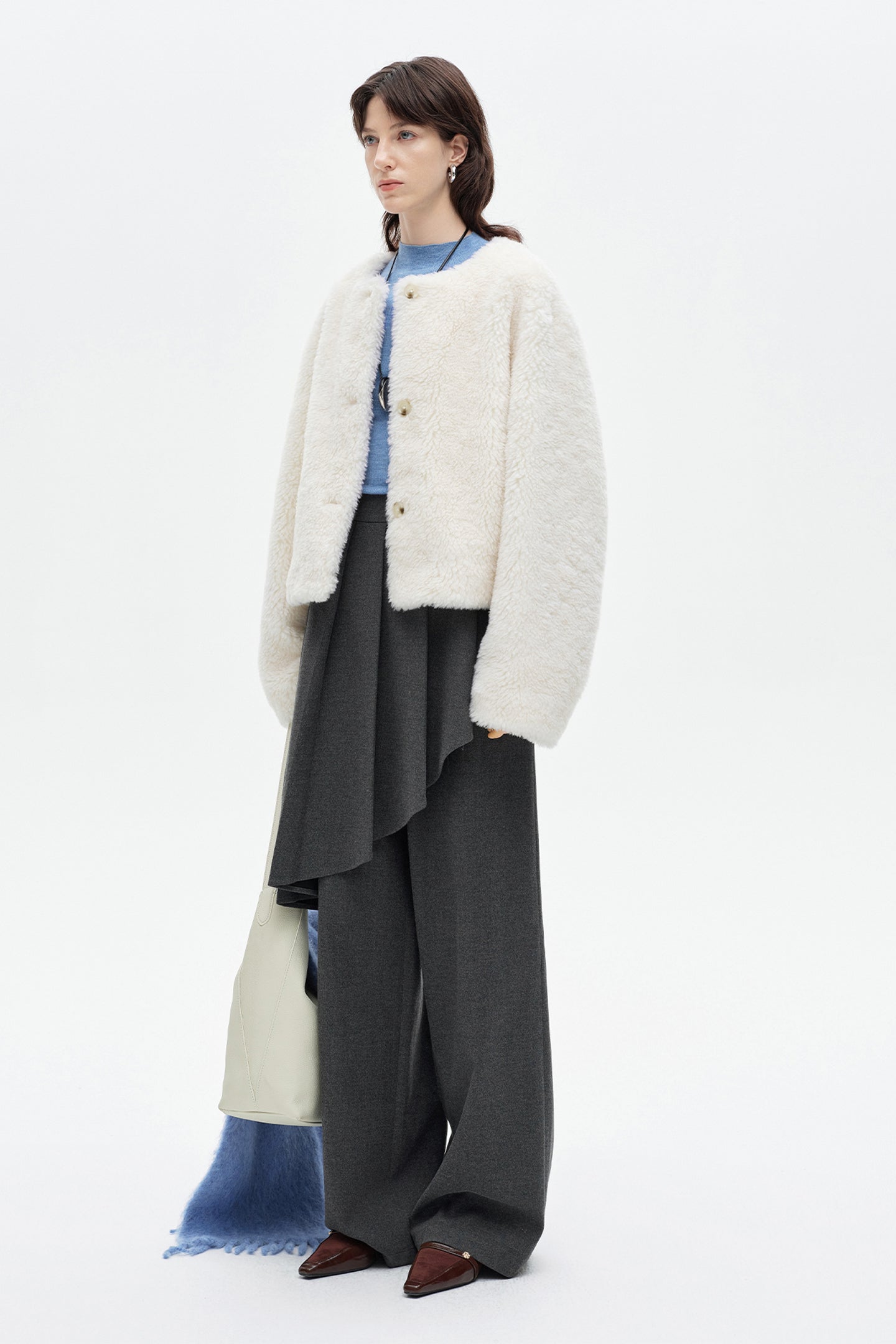 SELFWHO Wool Blend White Fur Coat
