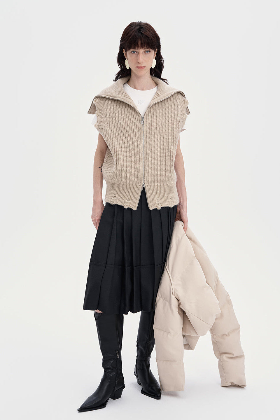 White duck down short down jacket woolen vest two piece set