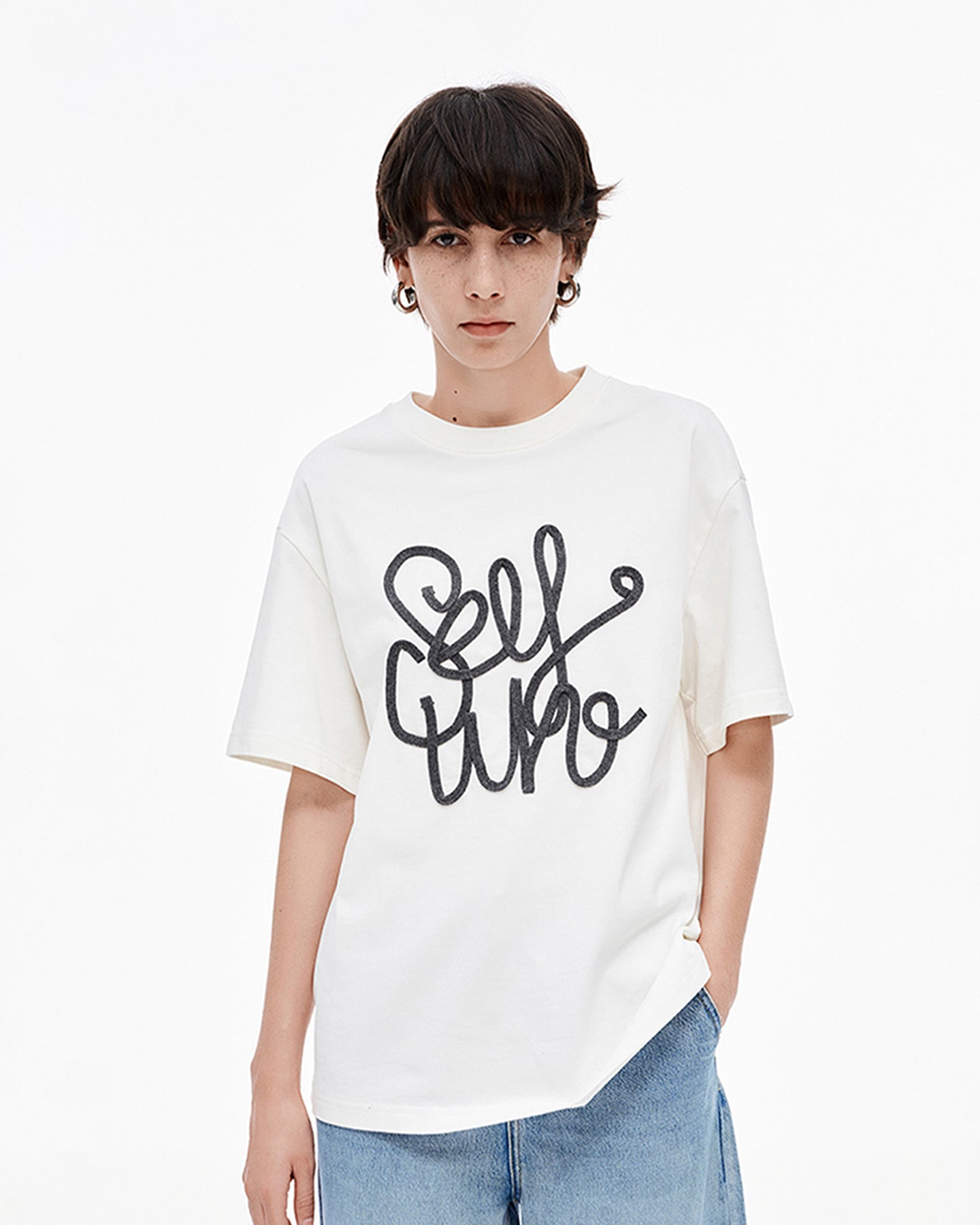 Hand-Embroidered Solid Color T-Shirt