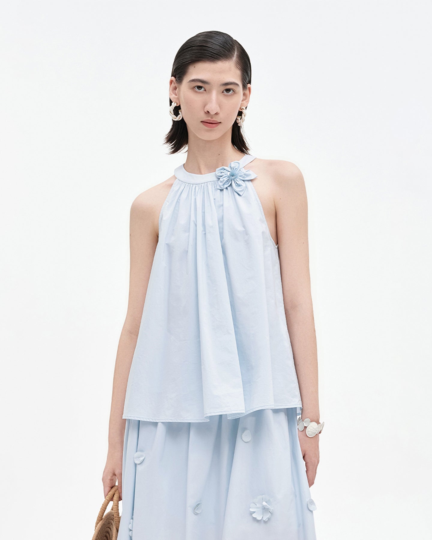 Pure Cotton Detachable Beaded Flower Vest, Skirt Set