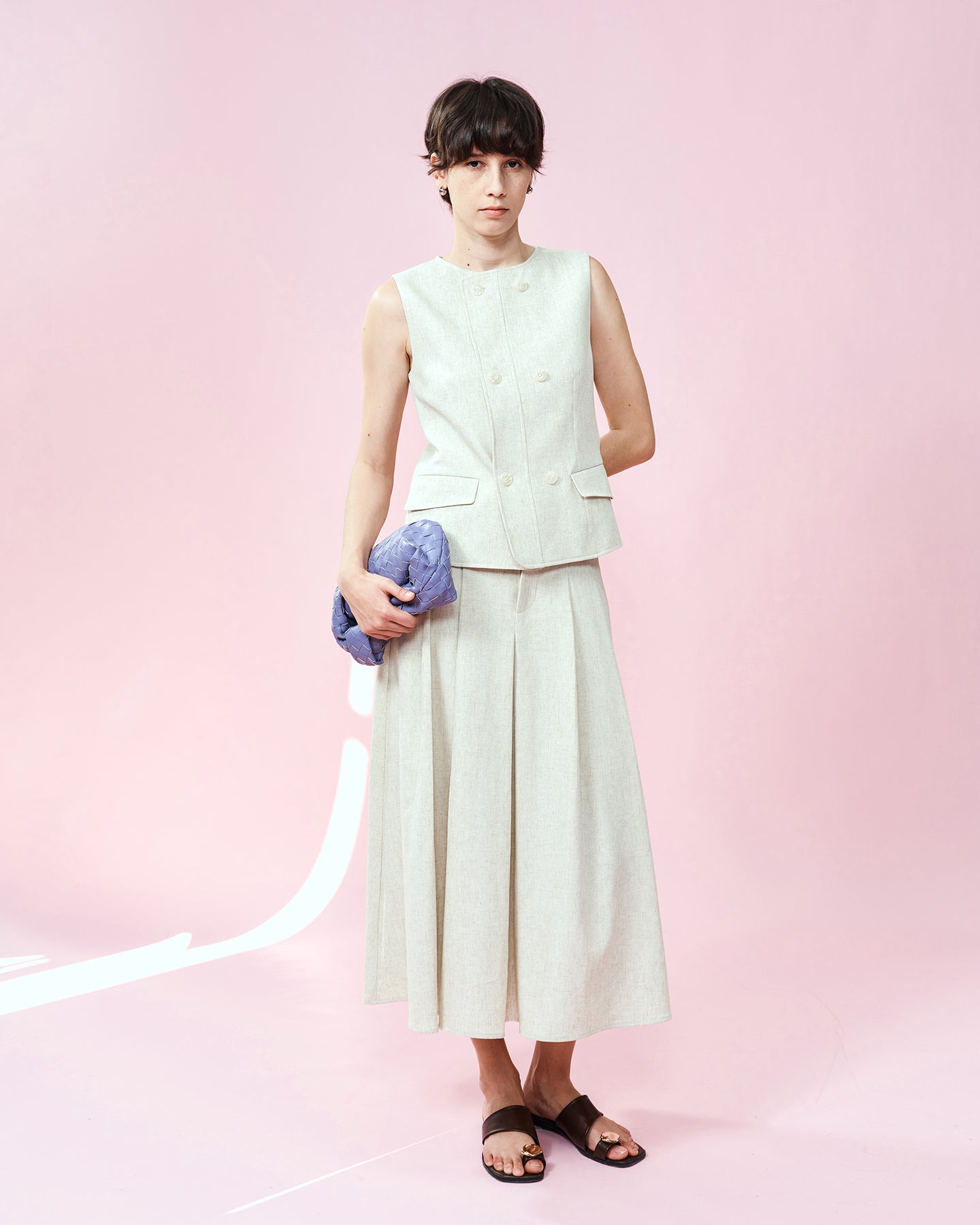 Linen blend suit vest, skirt suit
