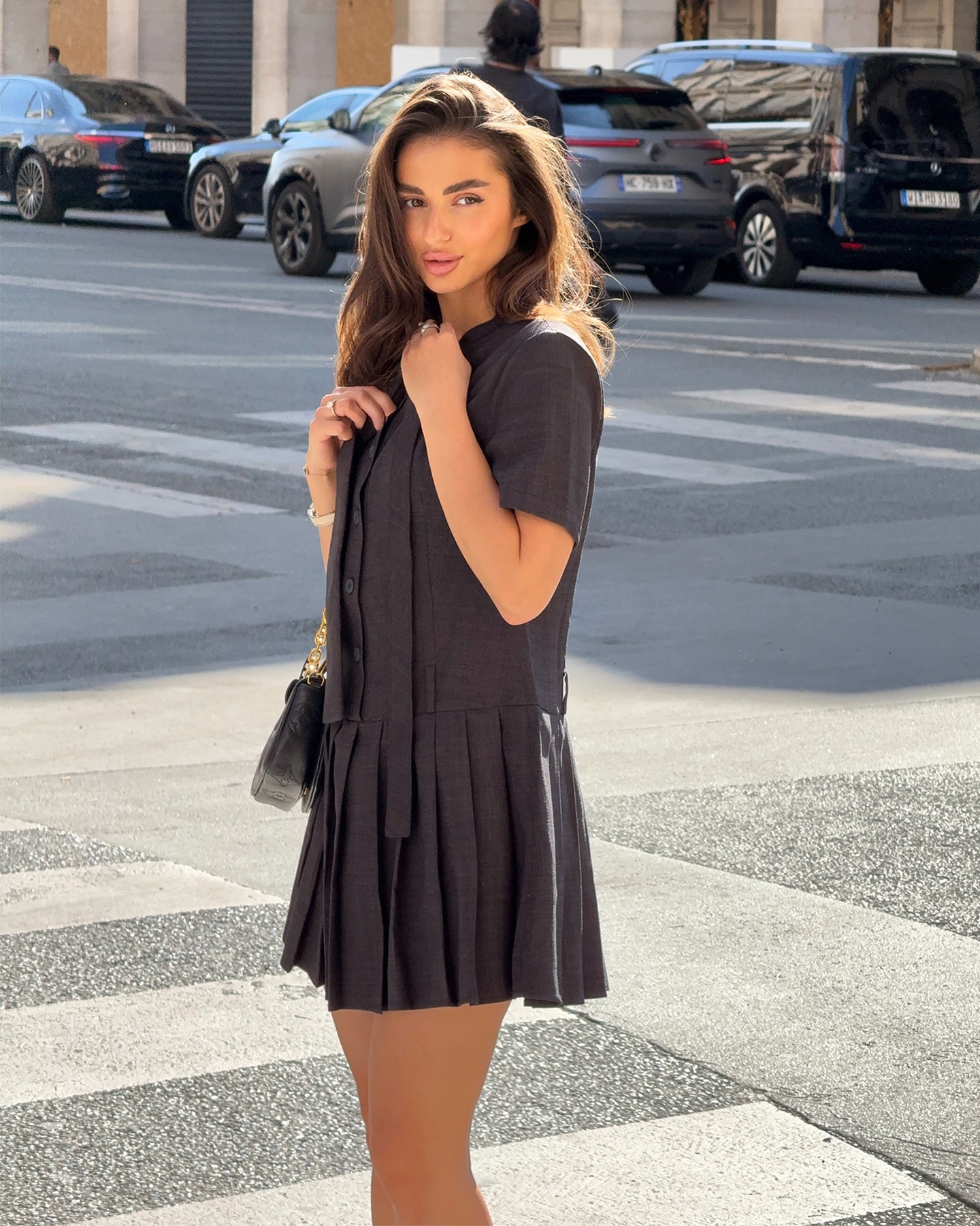 Faux Linen Dark Grey Floating Neck Dress