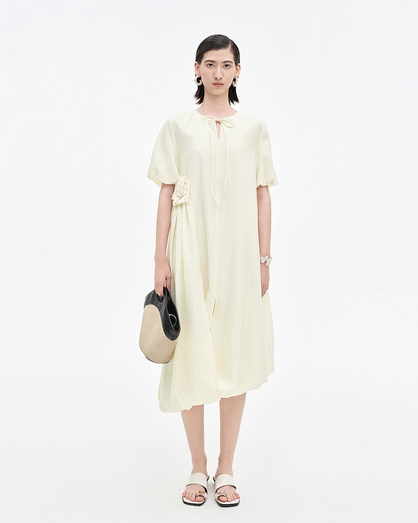 Acetate Blend French Puff Sleeve Ribbon Dress