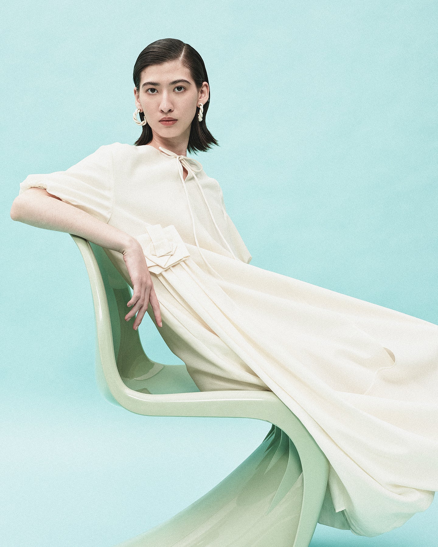 Acetate Blend French Puff Sleeve Ribbon Dress