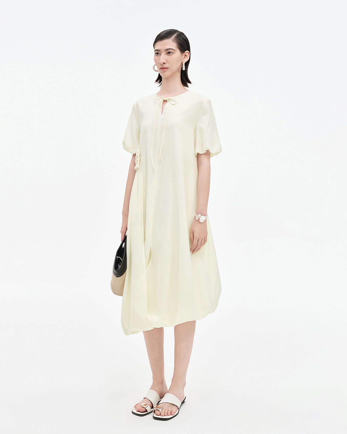 Acetate Blend French Puff Sleeve Ribbon Dress
