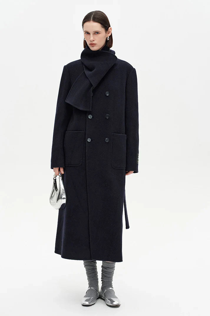 SELFWHO 100% Wool Long Scarf Collar Coat