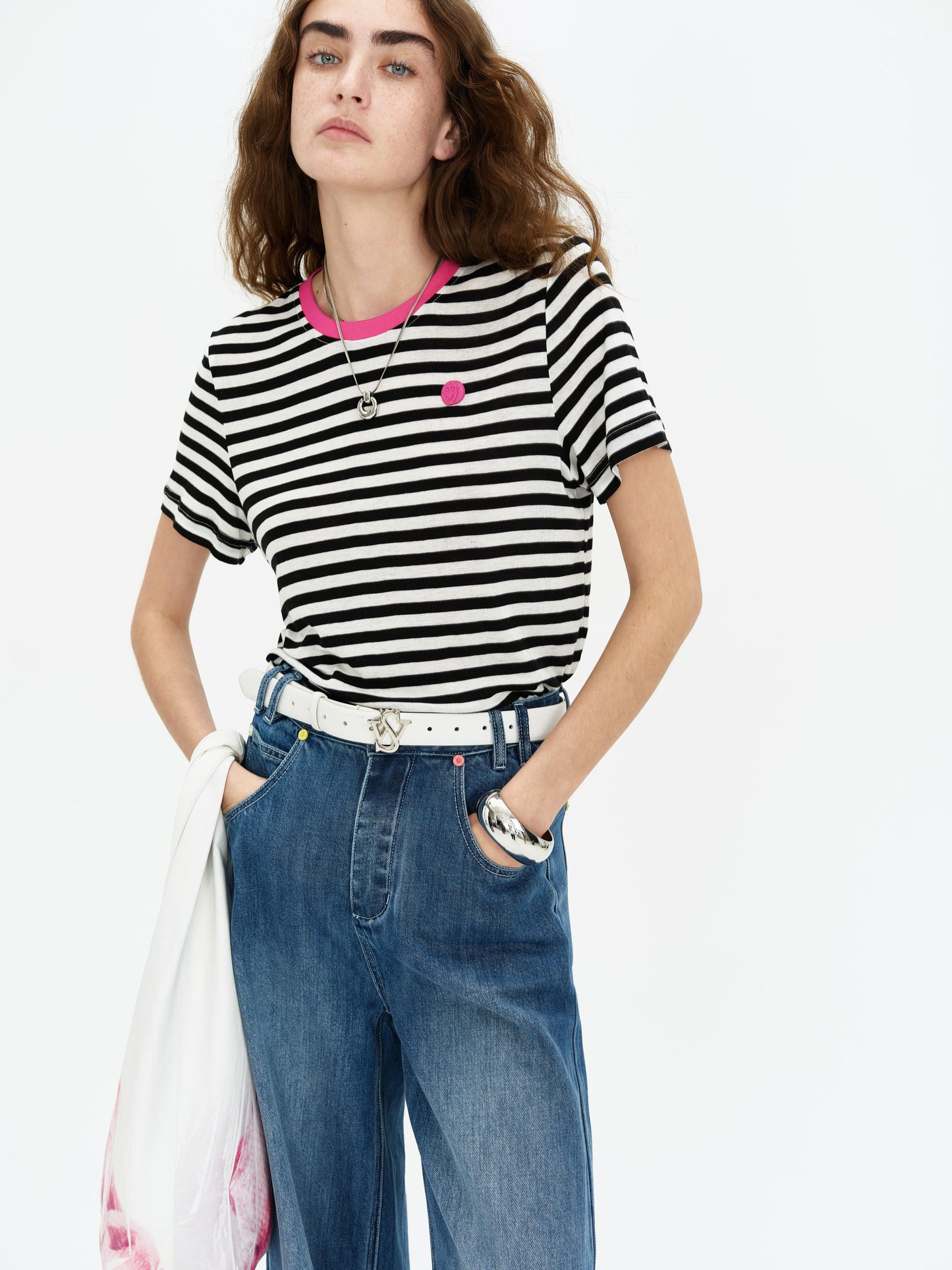 SELFWHO Short Sleeve Blue Striped Top