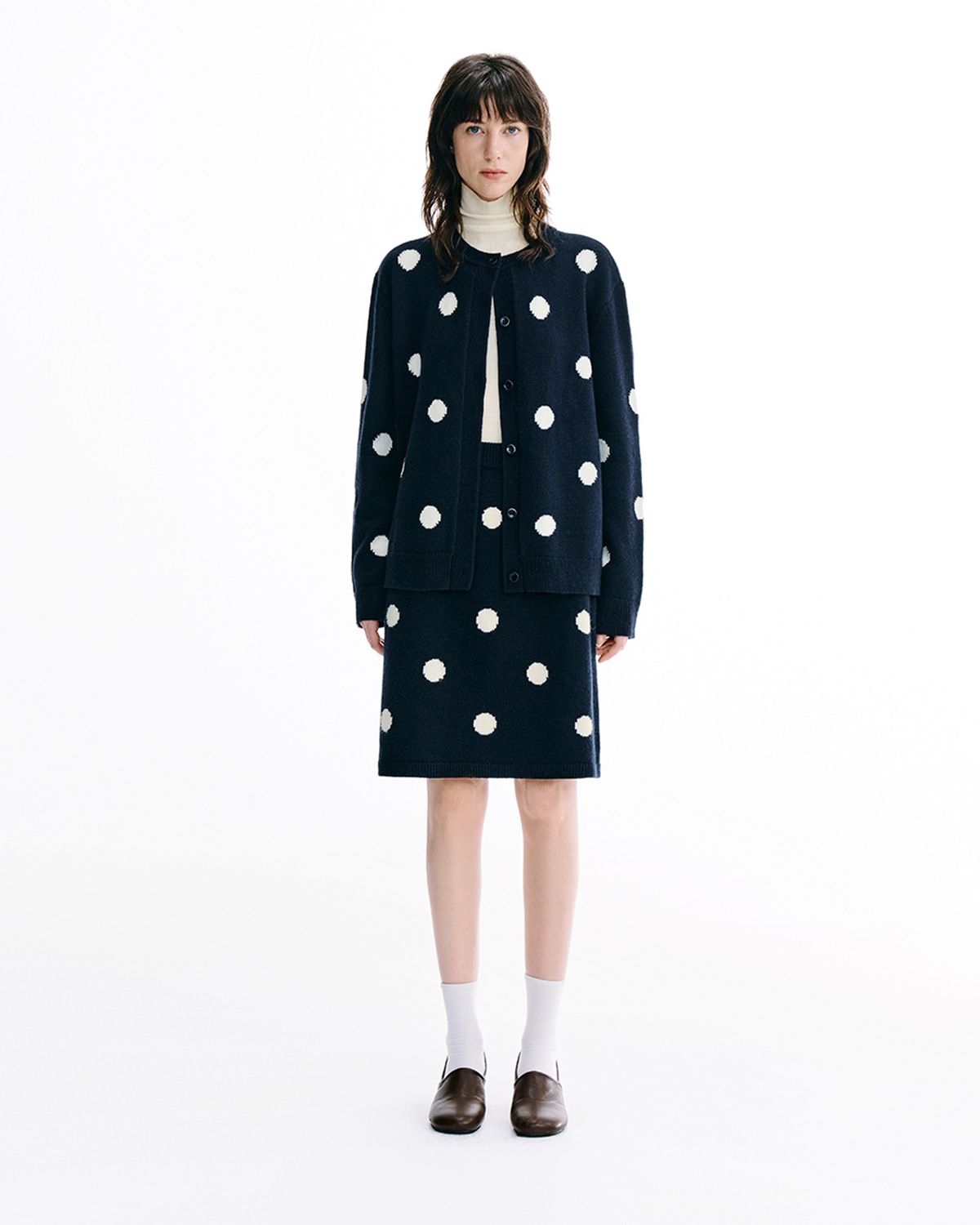 Polka-Dot Knit Cardigan & Skirt Set – Wool Blend