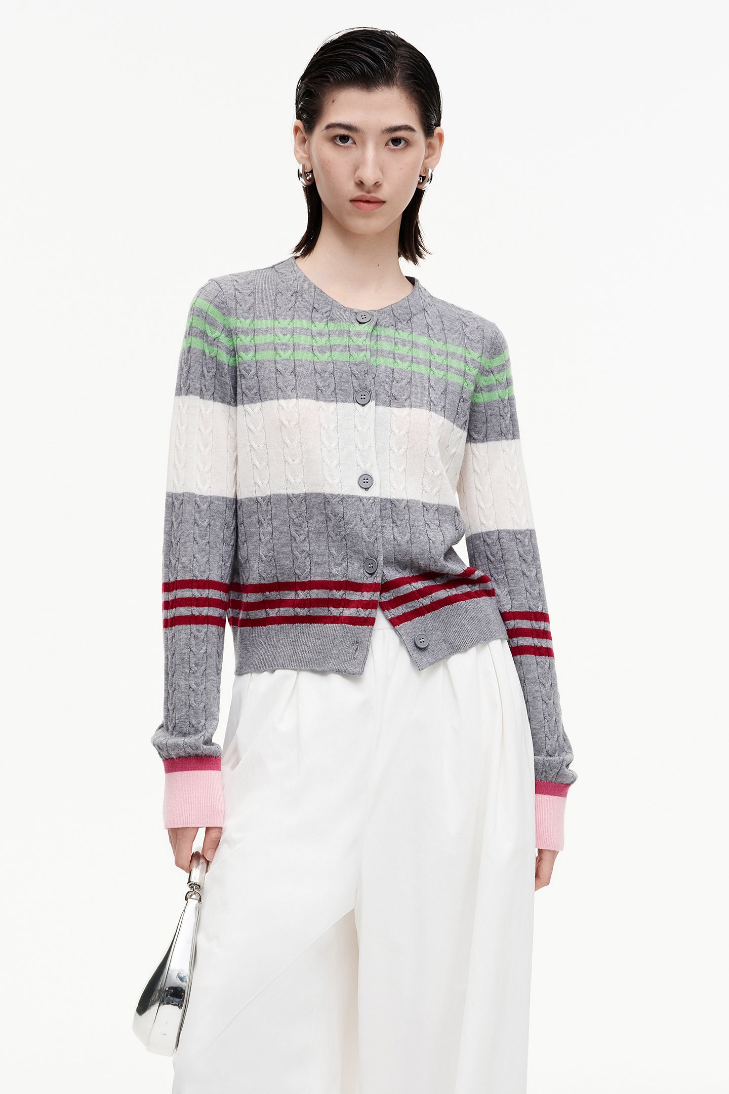 SELFWHO Sheep And Wool Blend Contrast Striped Knitted Cardigan