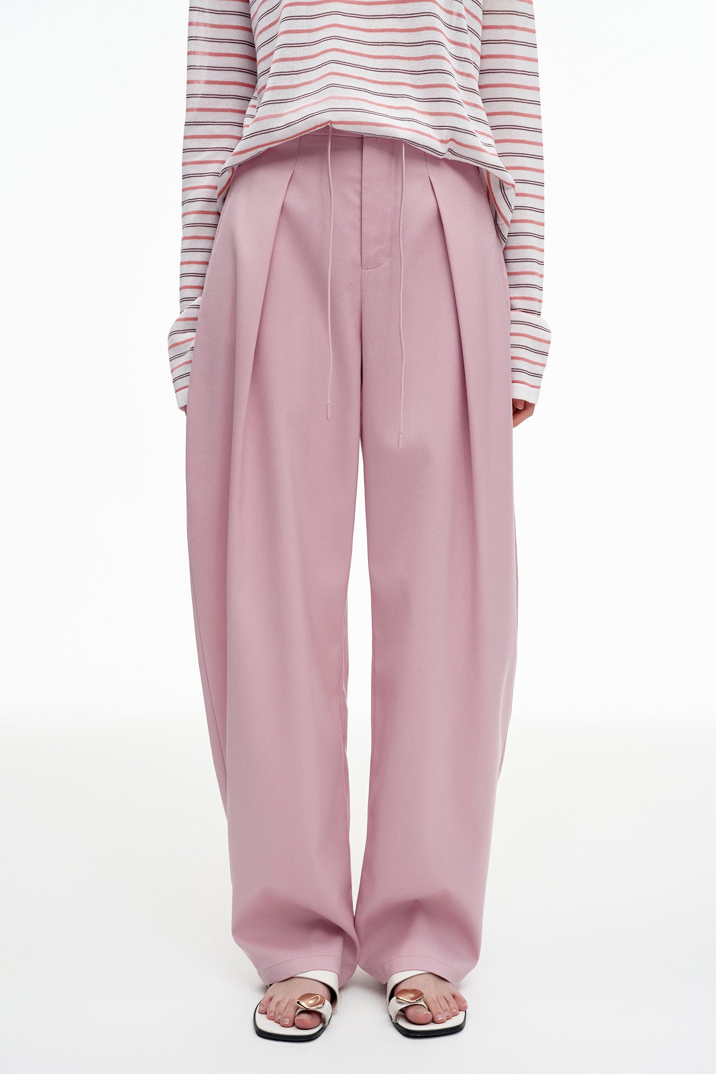 Wool blend pleated drawstring elastic scimitar pants