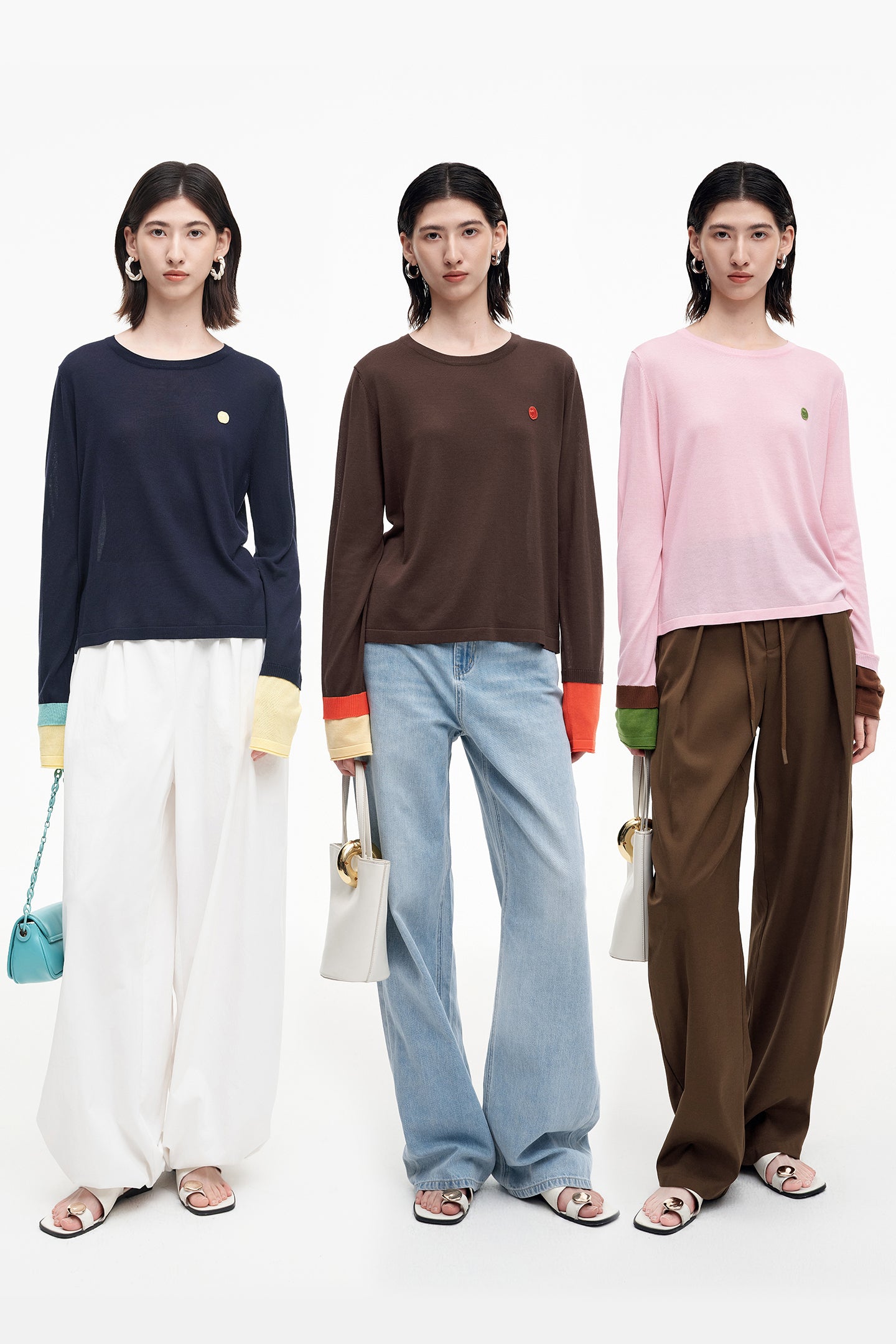 Tencel wool blended contrast color long-sleeved T-shirt