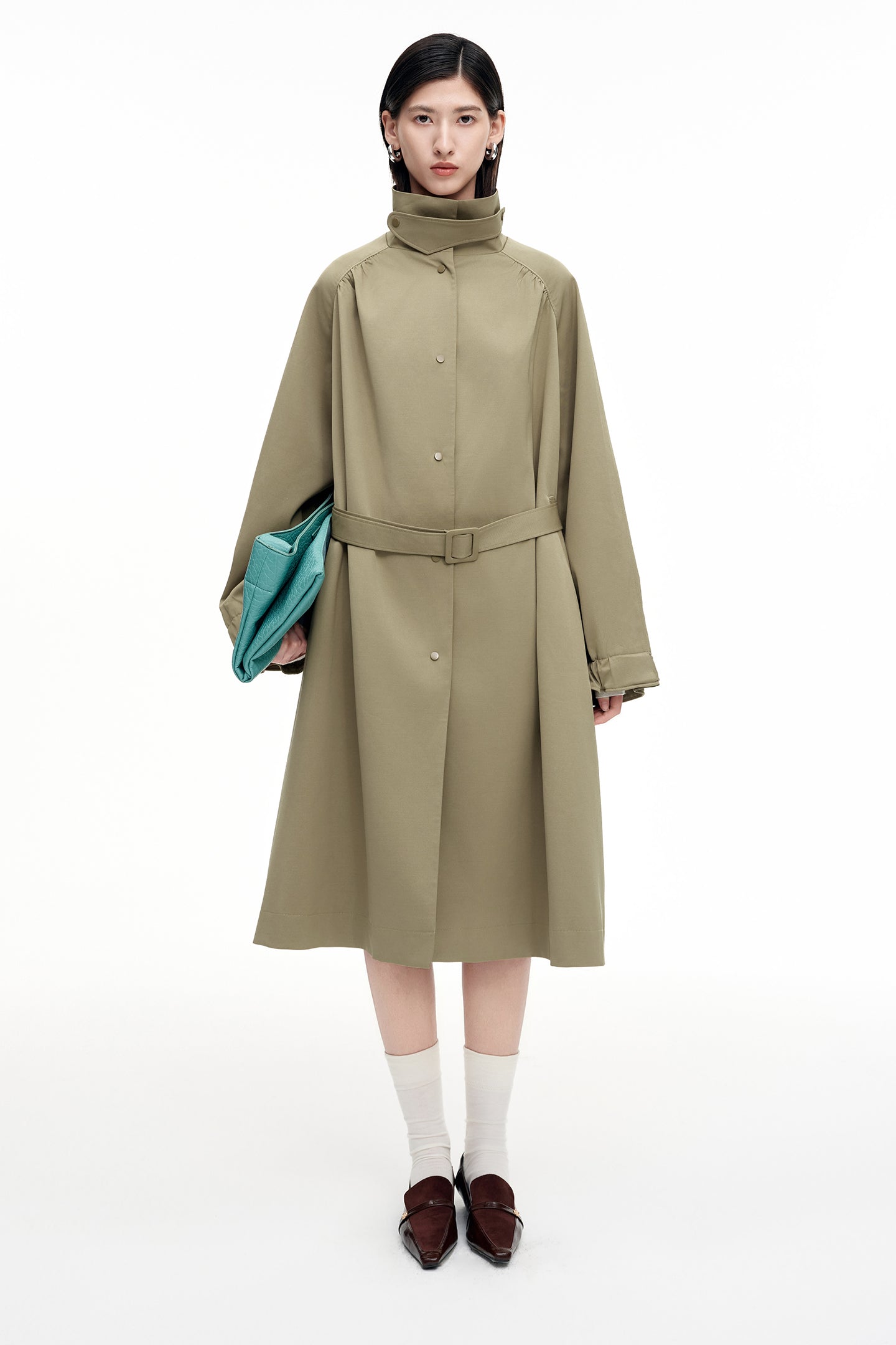 SELFWHO Khaki Stand Collar Mid-Length Trench Coat