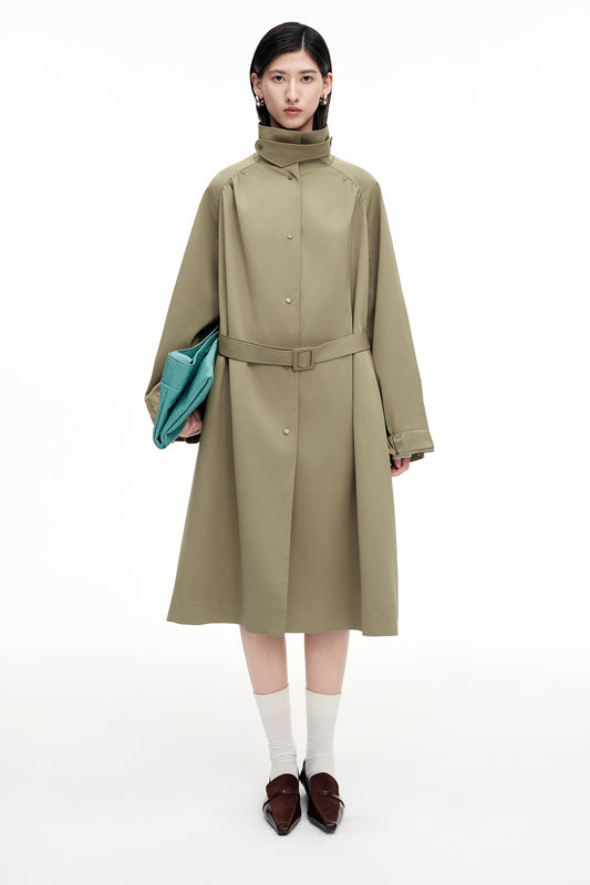 SELFWHO Khaki Stand Collar Mid-Length Trench Coat