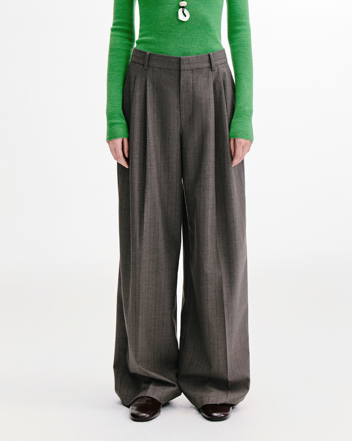 Pleated Straight-Leg Trousers – Textured Shadow Stripe