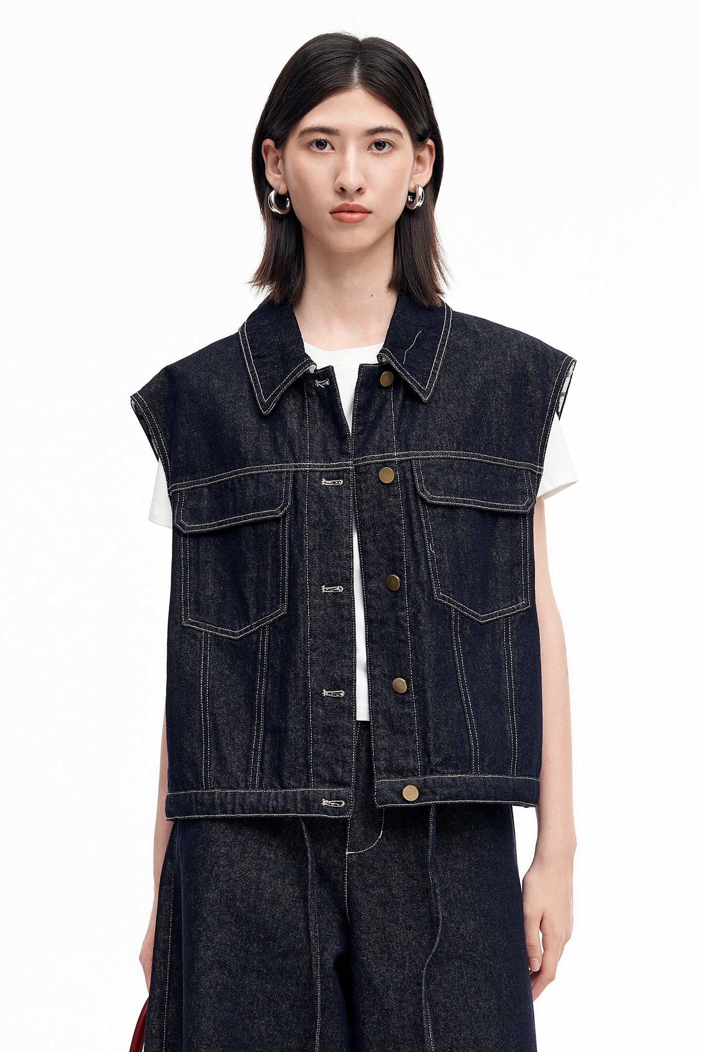 SELFWHO Cotton Blend Vintage Original Cow Style Denim Vest, Cropped Pants Set