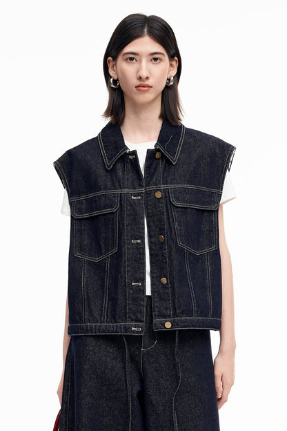 SELFWHO Cotton Blend Vintage Original Cow Style Denim Vest, Cropped Pants Set